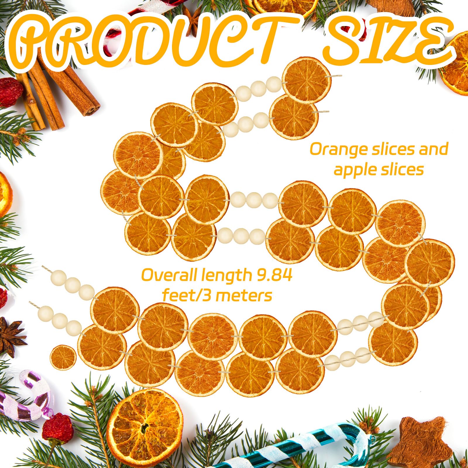 10Ft Christmas Orange Slice Garland Dried Orange Wooden Beads Garland Hanging Decorations Natural Rustic Ornament DIY Handmade C