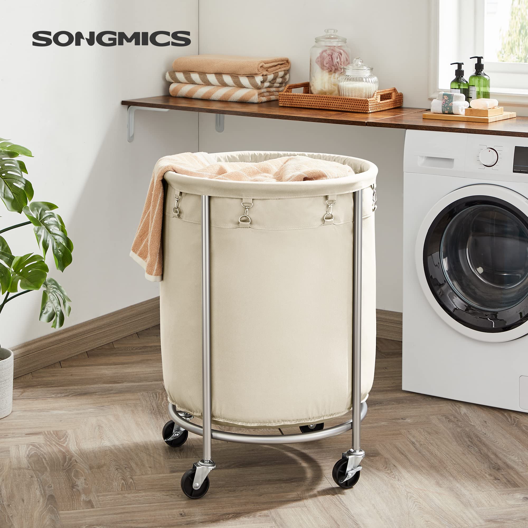 Songmics Laundry Basket With Wheels, Rolling Laundry Hamper, 45 Gal., Round Laundry Cart With Steel Frame And Removable Bag, 4 C
