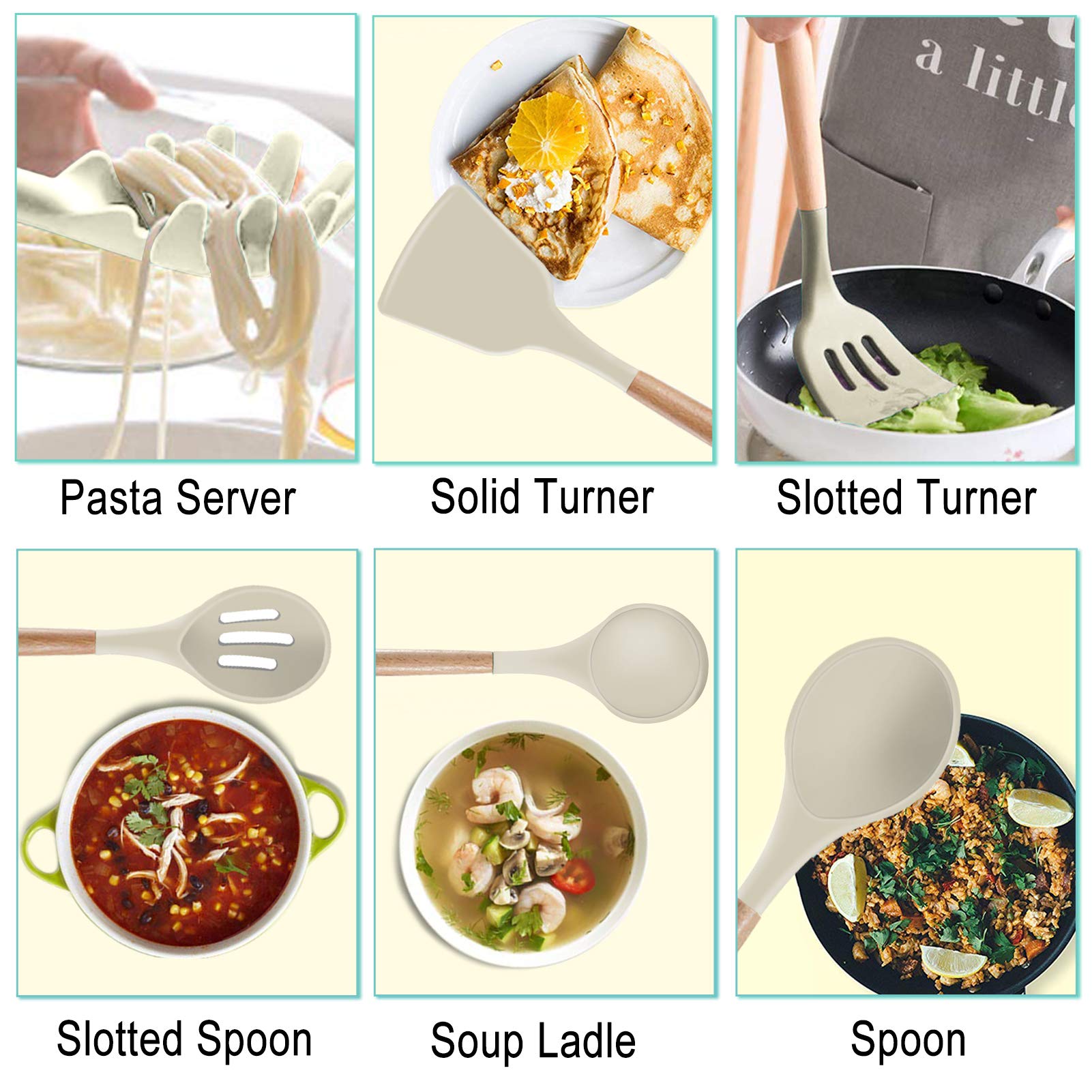 Silicone Kitchen Cooking Utensils Set - Heat Resistant/Non-Stick/Non Toxic/Bpa Free Silicon Spoons Spatula Whisk Tongs Wooden Ha