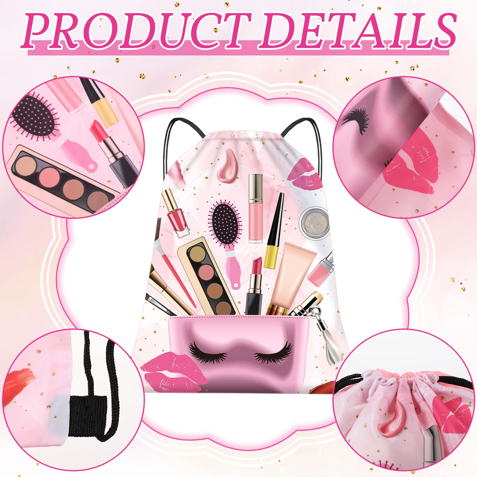 Equsion 12 Pcs Spa Party Favor Bags Drawstring Backpack Spa Party Gift Bags Supplies for Girls Women Makeup Birthday Decorations