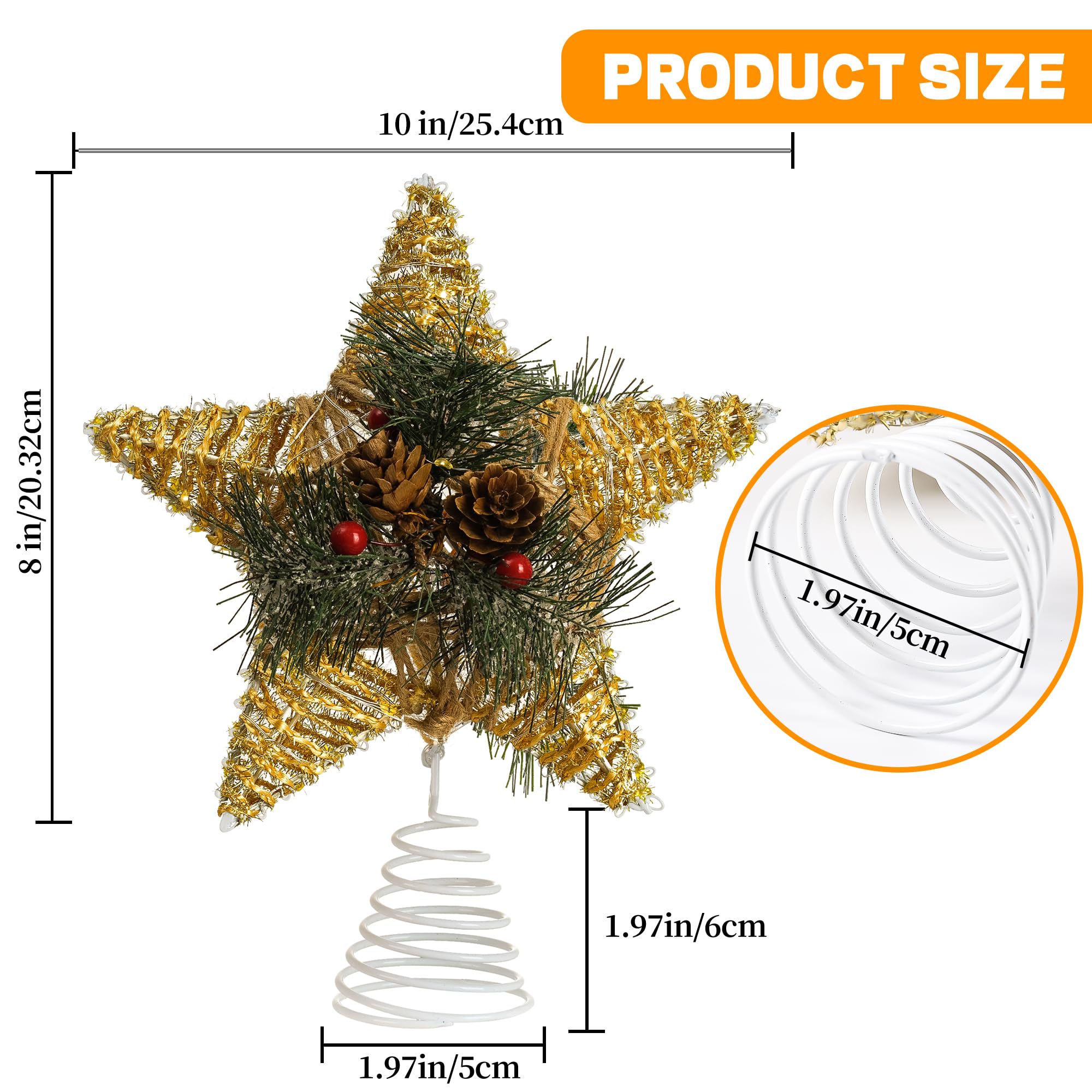 Christmas Tree Topper, 10 Gold Glittered Star with Hollow Design, Battery Operation Tree Topper Star with 20 LEDs for Christmas