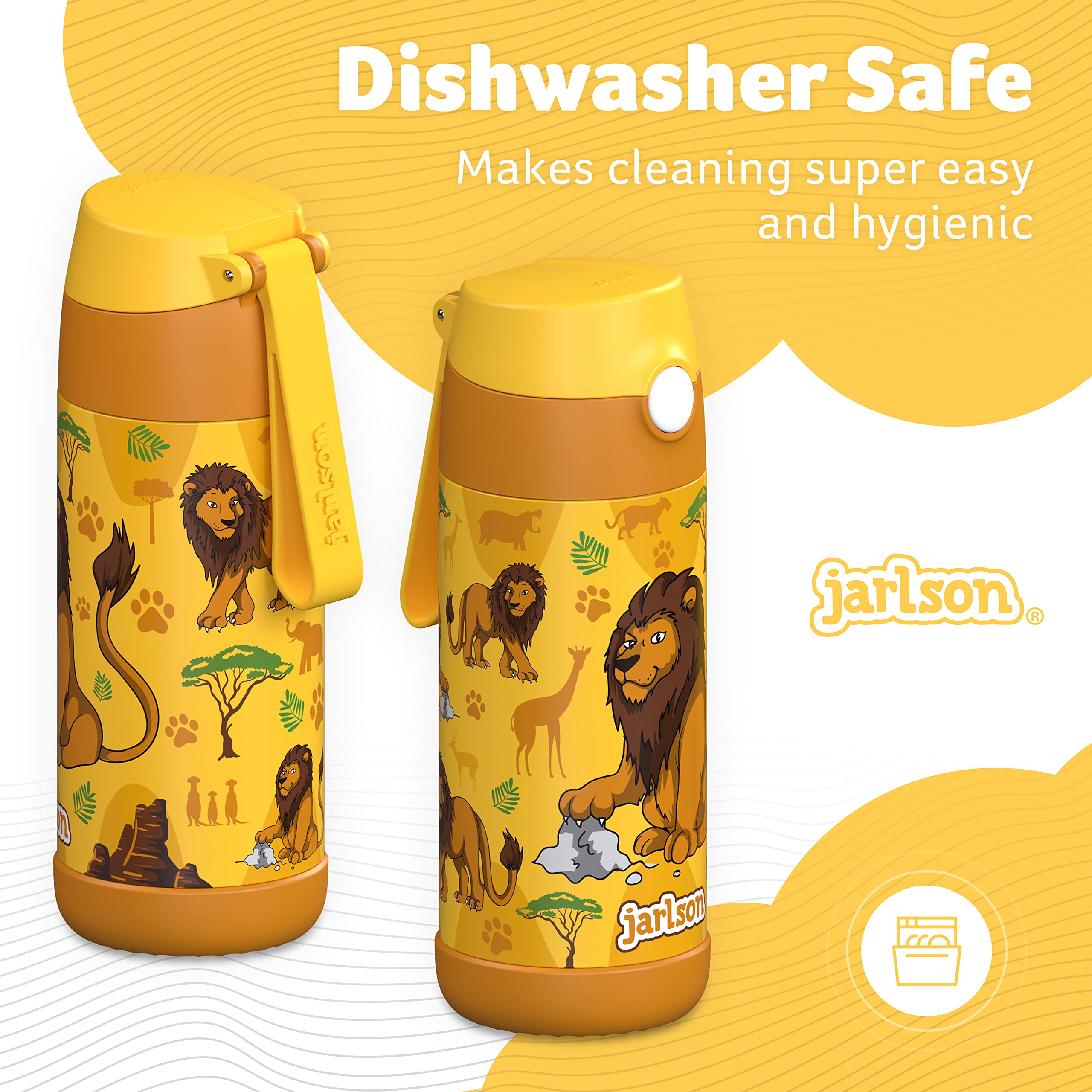 JARLSON kids water bottle with straw - cHARLI - insulated stainless steel water bottle - thermos - girlsboys (Lion Star  12 oz)