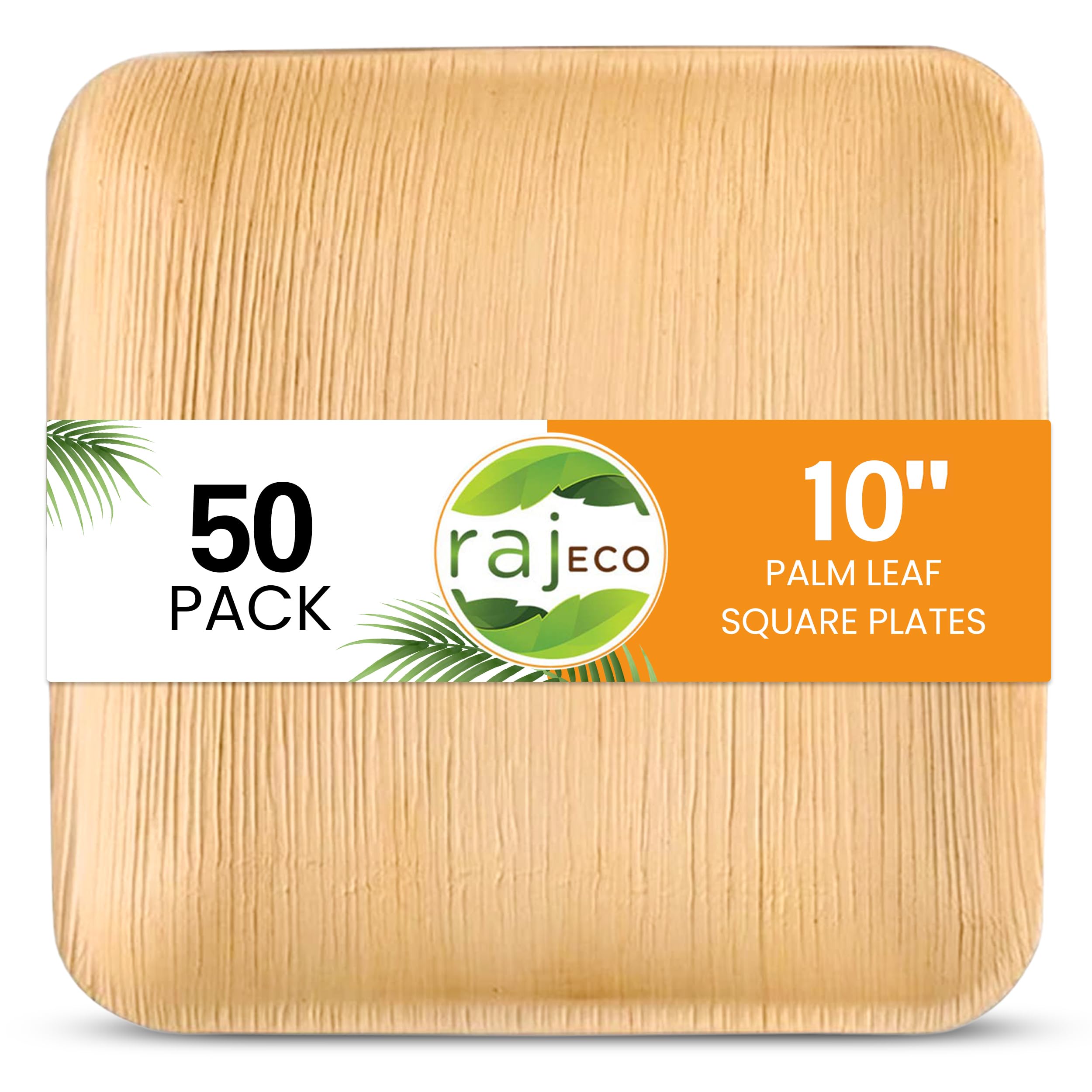 Raj Eco Compostable Palm Leaf Plates Like Bamboo Plates Disposable - 10 Inch Square 50 Party Plates, Natural Wooden, Eco-Friendl