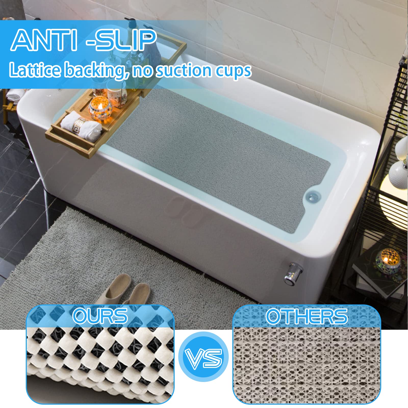 Oxtail Bathtub Mat Non Slip Shower Soft Pvc Loofah Bath Tub Mats For Bathroom 16''X40'', Grey
