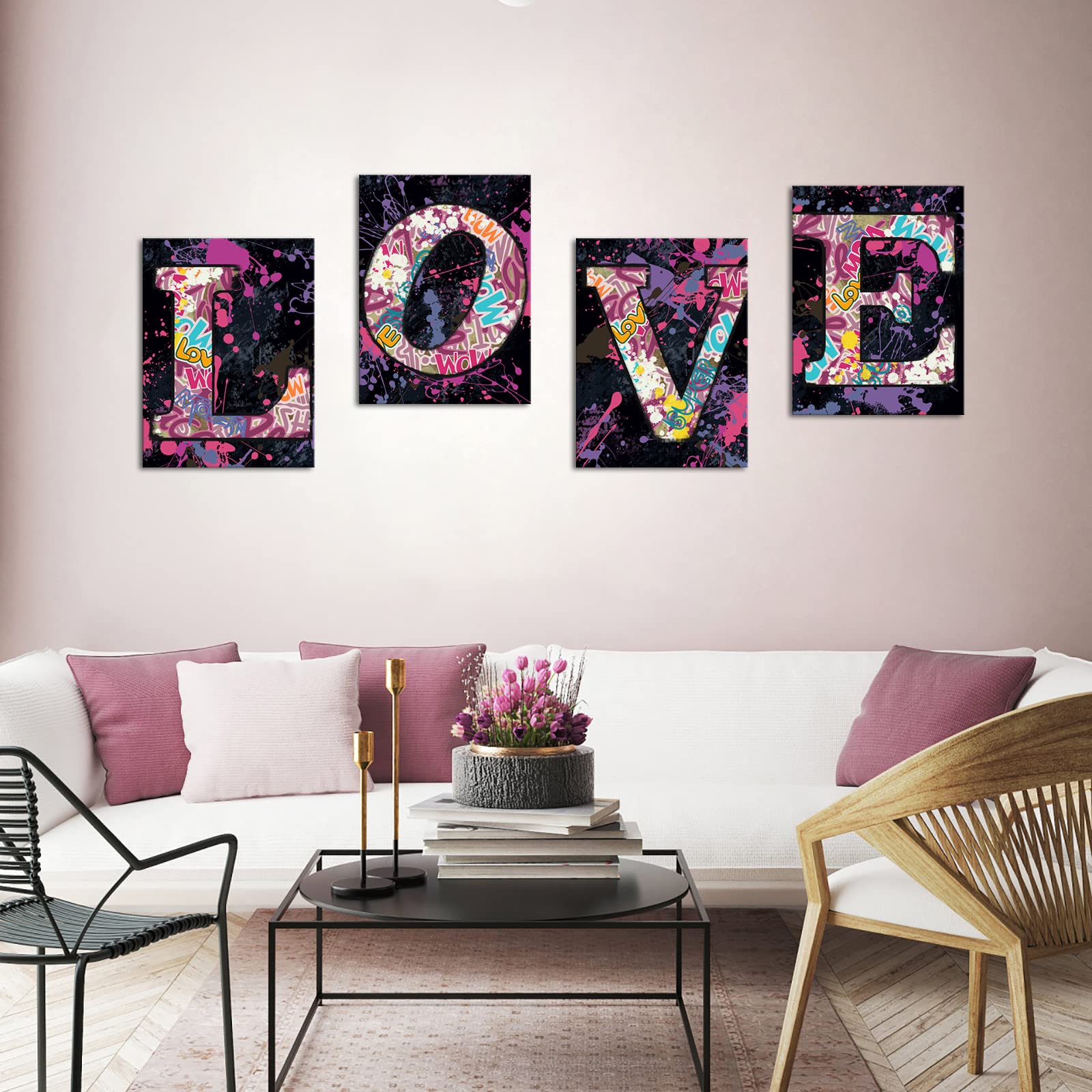 Love Wall Art Graffiti Painting On Canvas Colorful Love Print Pictures Romantic Poster Artwork For Bedroom Bathroom Decor Framed
