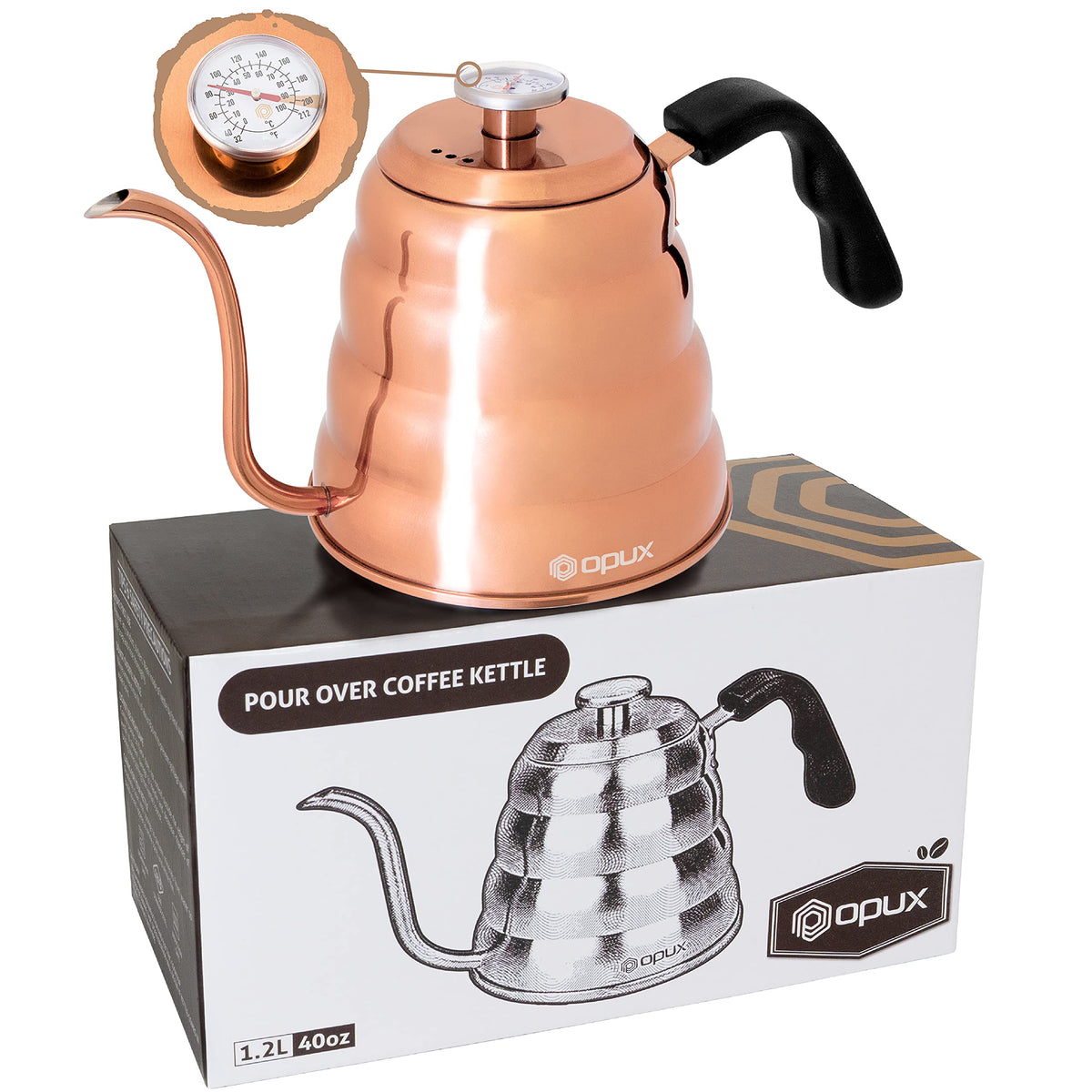 Opux Pour Over Coffee Kettle With Gooseneck | Stainless Steel Coffee Tea Kettle With Thermometer 40 Oz, Stovetop Induction Goose