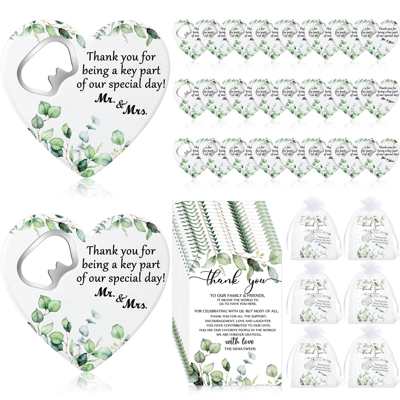 Uiifan 25 Sets Wedding Thank You Gifts Heart Shaped Bottle Opener Wedding Fridge Magnet Thank You Blessing Tag Card And Organza