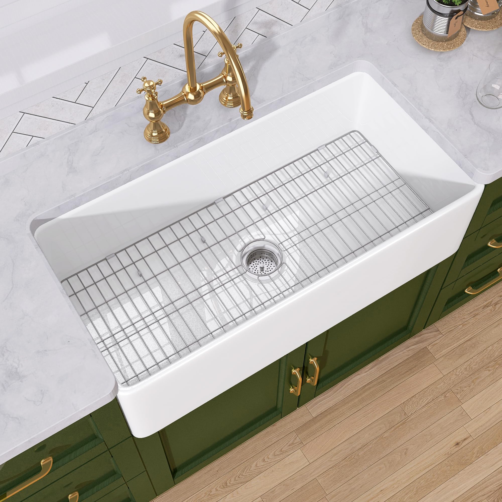 Tuktuk White Farmhouse Sink 36 Inch Fireclay Farm Sink Apron Front Single Bowl Kitchen Sinks Deep Large Capacity Porcelain Ceram