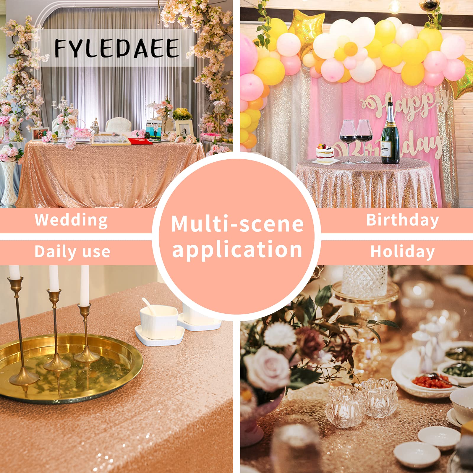Rose Gold Rectangle Sequin Table Cloths 50X80 Inch For Parties, Glitter Shiny Overlay Cover Fitted 4 Ft Food Dessert Cake Tables