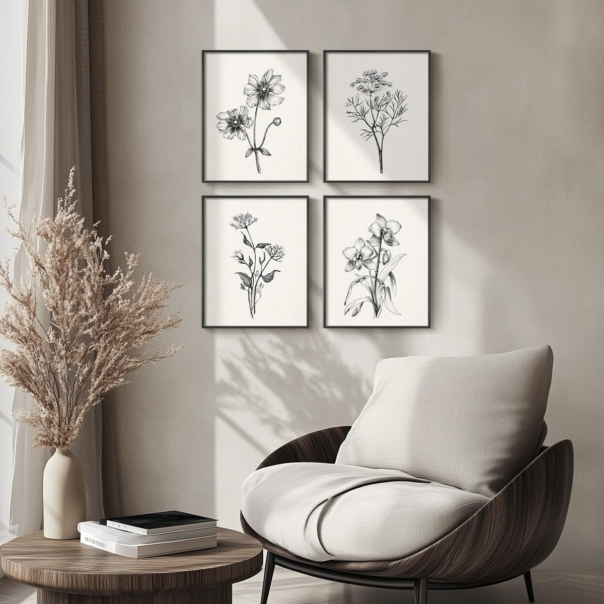 Framed Black And White Floral Wall Art, Set Of 4 Piece Vintage Rustic ...