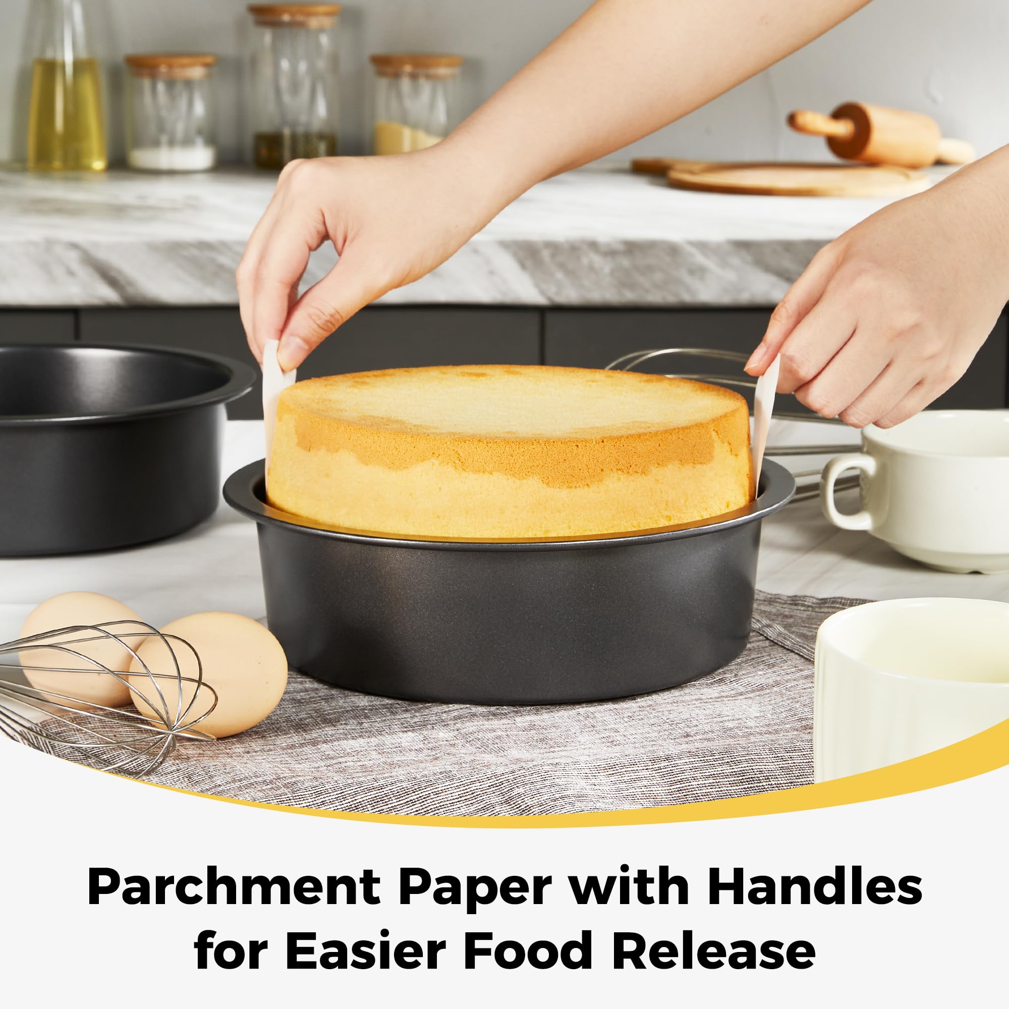 Hongbake 8 Inch Round Cake Pan Set For Baking With 100 Pieces Parchment Paper, Nonstick Deeper Circle Cake Pans With Wider Grips