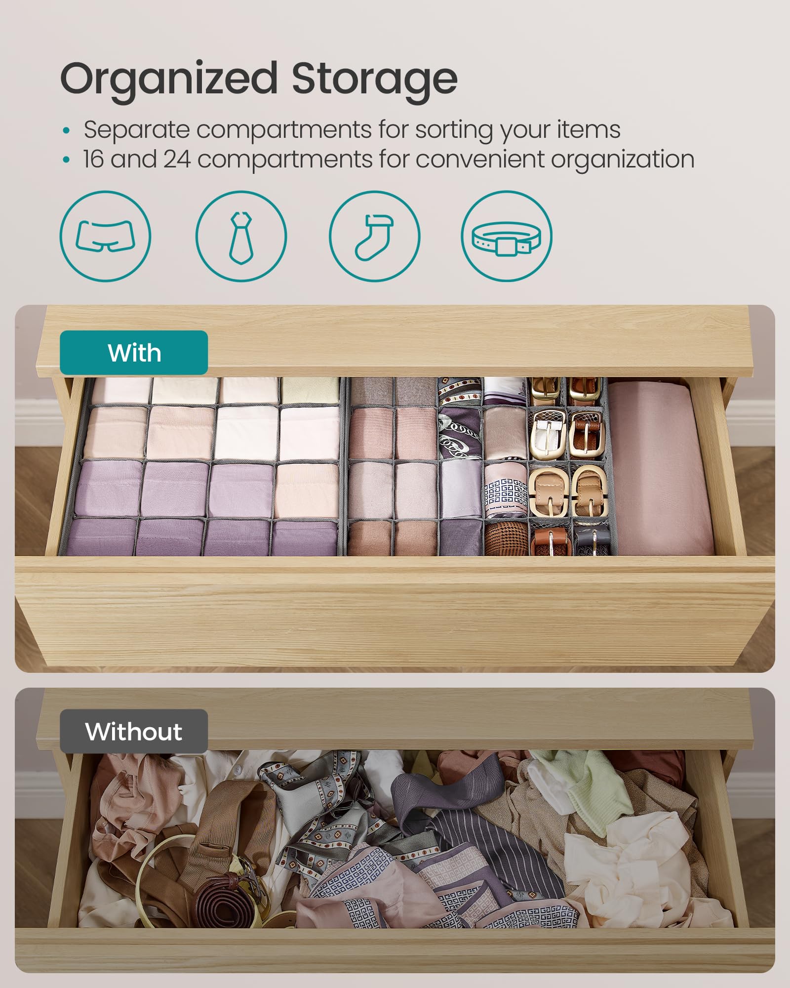 SONGMICS Set of 6 Drawer Organizers, Closet Organizers for Underwear, 120 Cells, Foldable Sock Holders, 11.8 x 11.8 x 3.9 Inches
