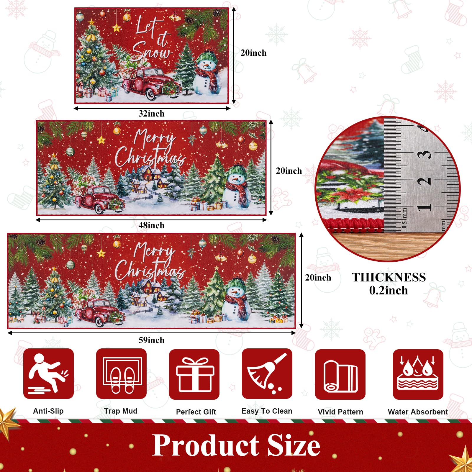 U Artlines Christmas Kitchen Rug and Mat Set of 3, Non Skid Merry Christmas Tree&Car Kitchen Mats for Home Decor, Washable Runn