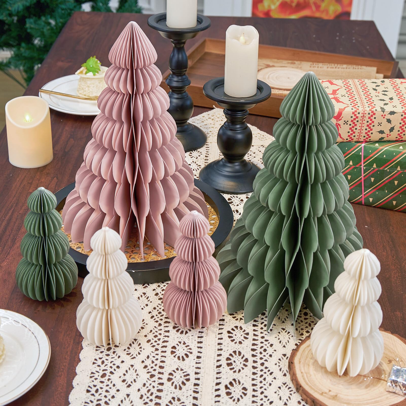 OBBOLO 6 Pcs Paper Christmas Tree, Beige, Sage Green and Dusty Pink Tabletop Christmas Decorations with Magnetic Closure, 12 & 6