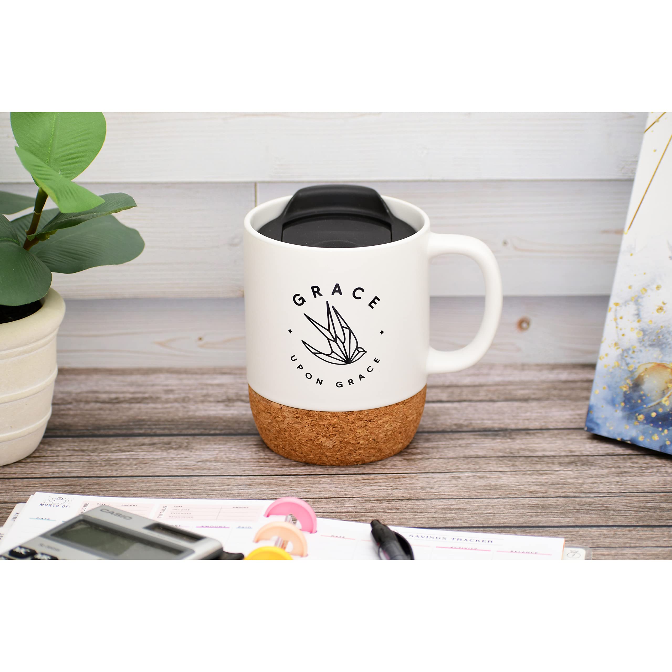 Ceramic Designer Coffee Mug | Grace upon Grace | Holds 14 ounces | Cork Bottom with Lid | Great for Coffee, Tea, Soups, Hot Choc