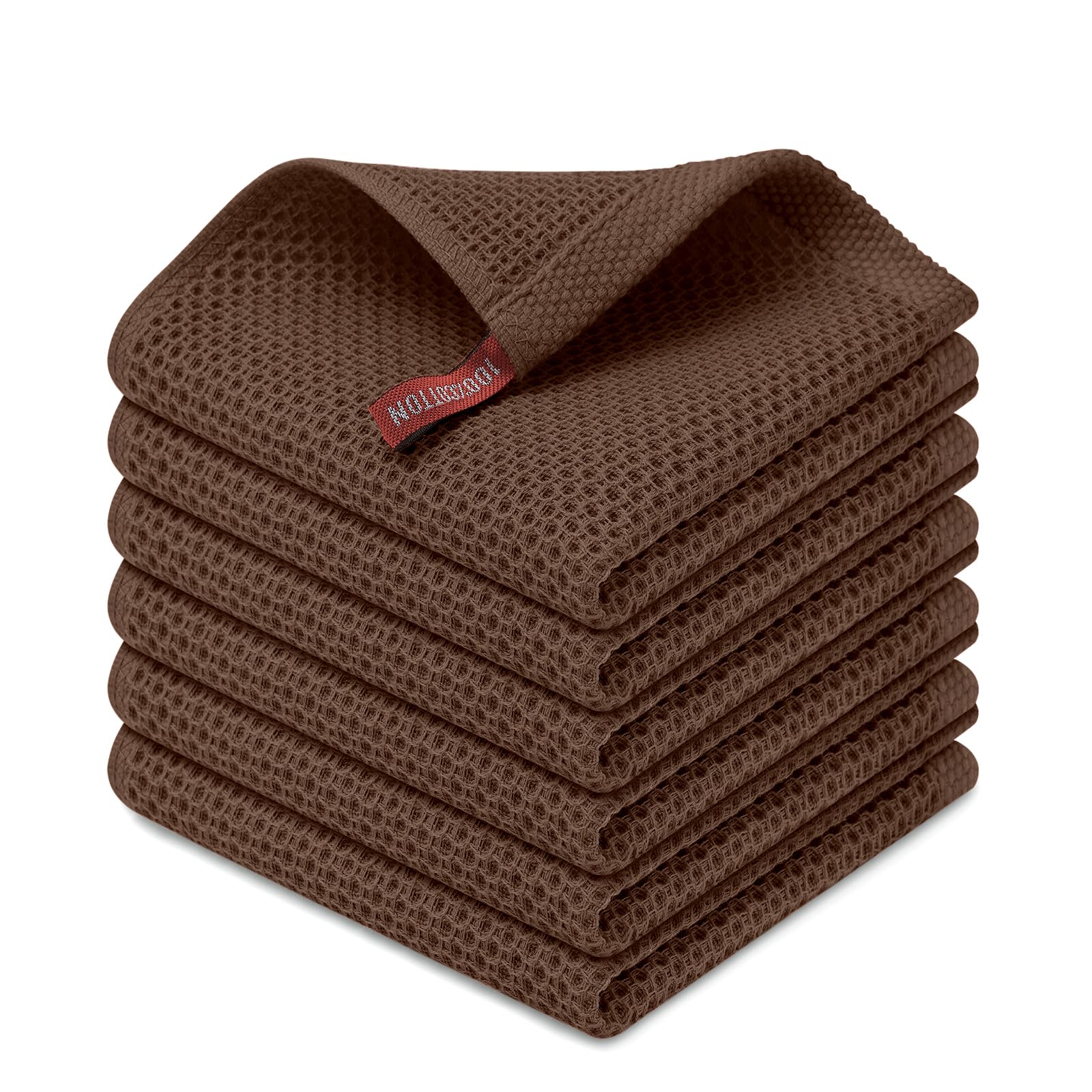 Kitinjoy 100% Cotton Kitchen Dish Cloths (12 X 12 Inches, Coffee),6 Pack Waffle Weave Ultra Soft Absorbent Dish Towels for Dryin