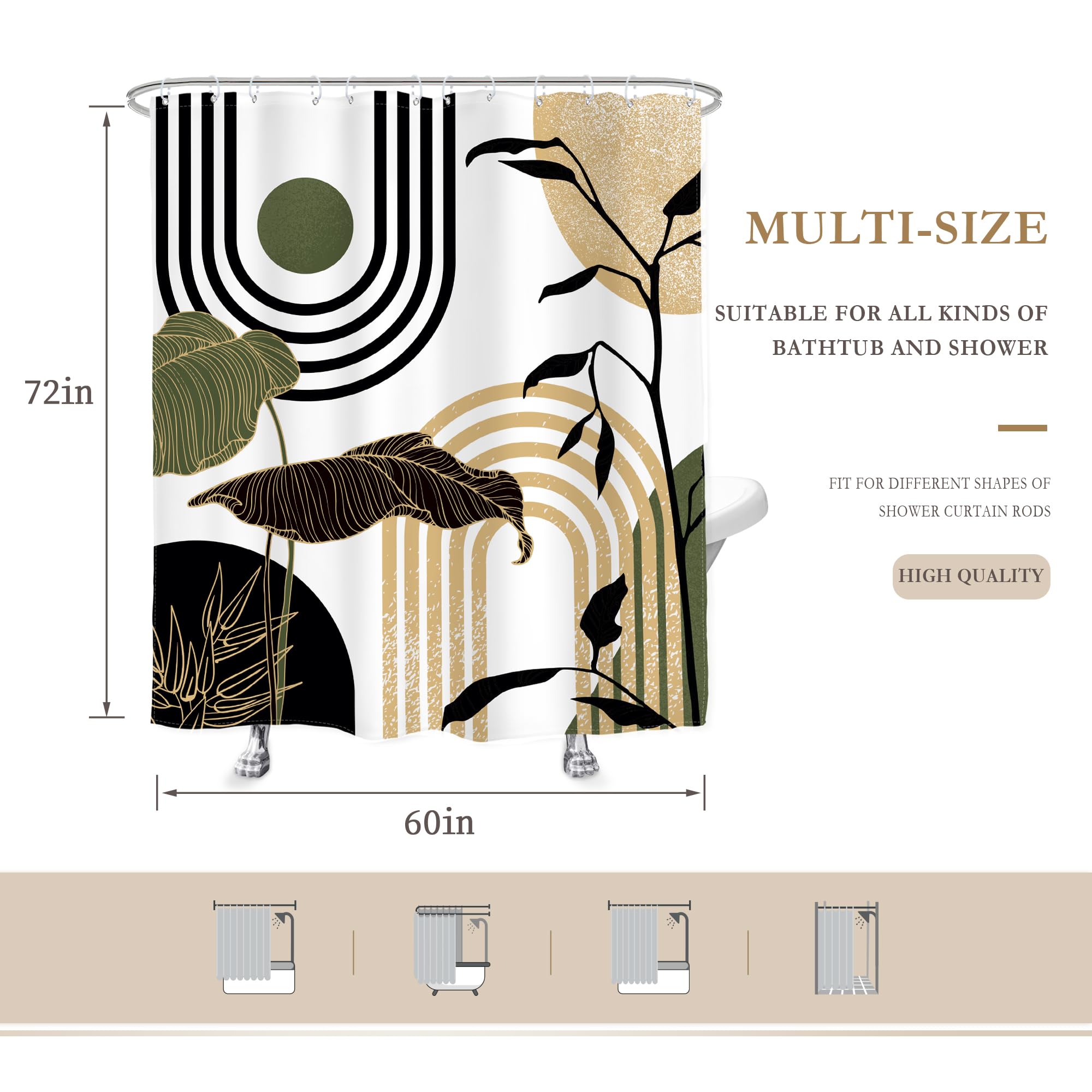 Glawry Green Gold Abstract Mid Century Shower Curtain Boho Retro Tropical Palm Sun Arch Minimalist Bathroom Modern Aesthetic Geo