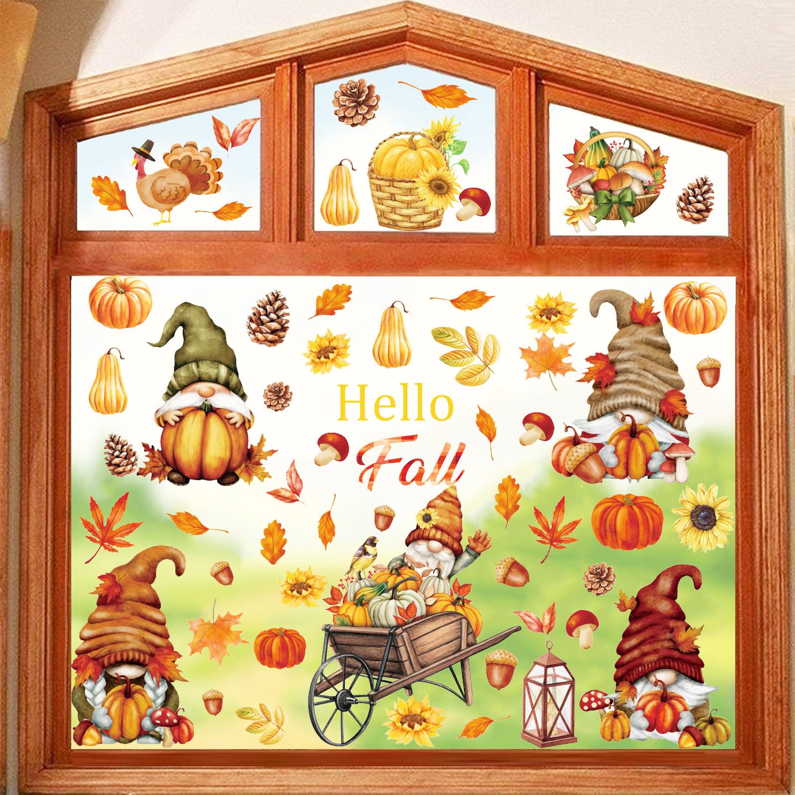 Aurlan Hello Fall Gnomes Window Clings,Thanksgiving Window Clings,Autumn Pumpkin Wall Stickers,Maple Leaves Wall Decals,Fall Lea