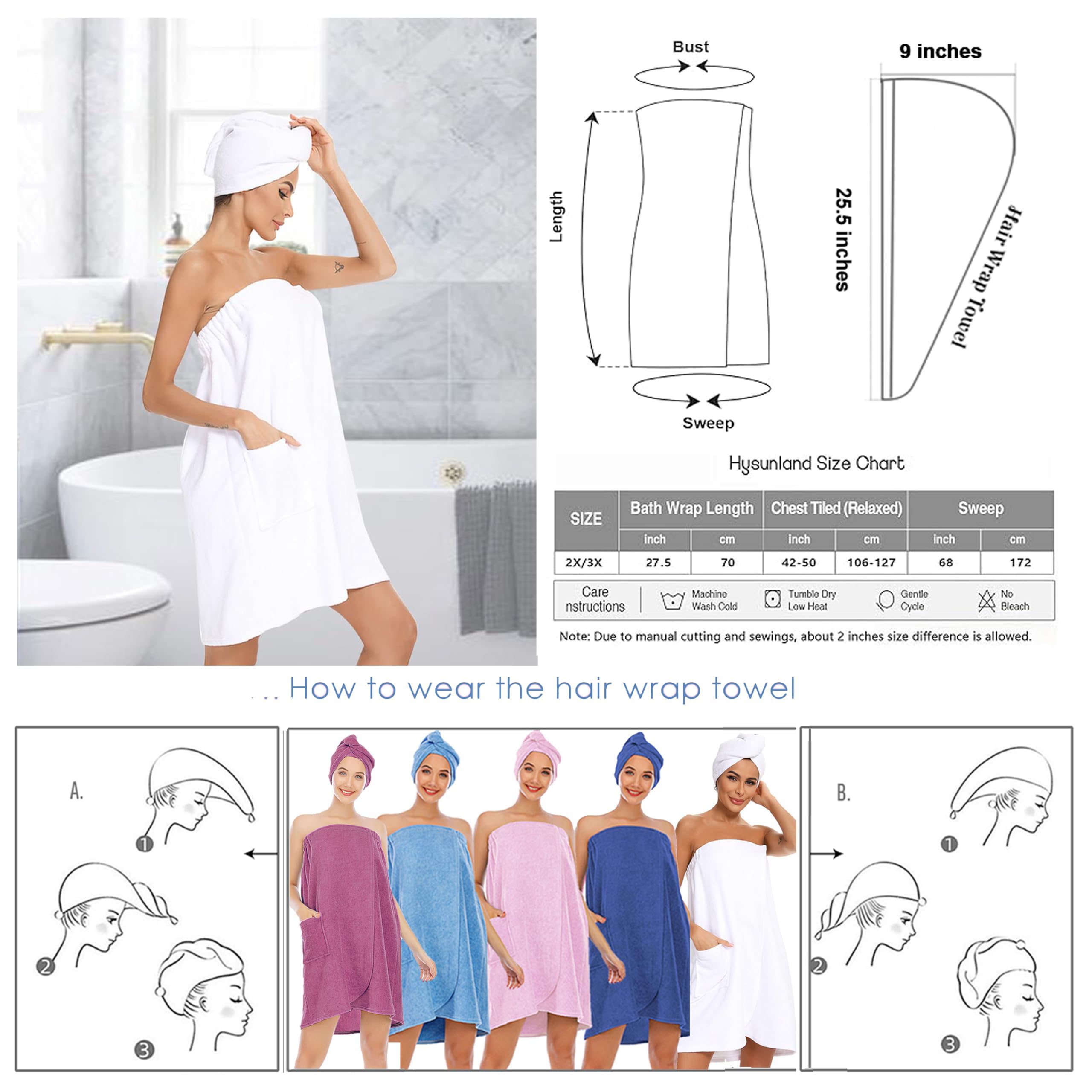 Hysunland White Plus Size Towel Wrap For Women 2X/3X, Women'S Wearable Xxl Bath Dress After Shower, Quick Dry Light Weight Spa B
