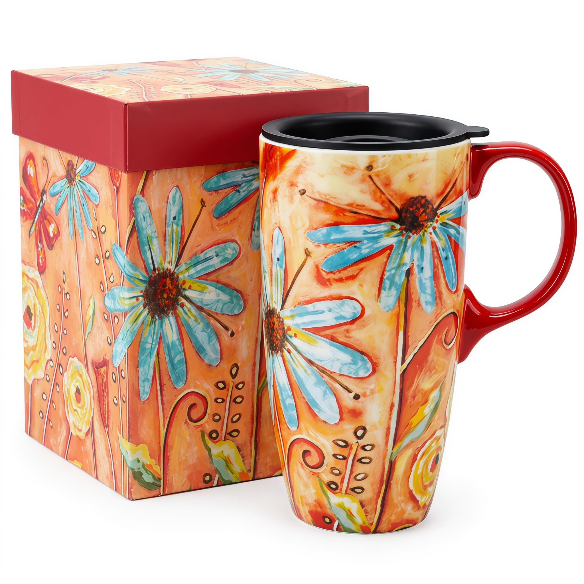 DUSVALLY 17oz Ceramic Travel Mug with Lid, Boho Floral Coffee Mug