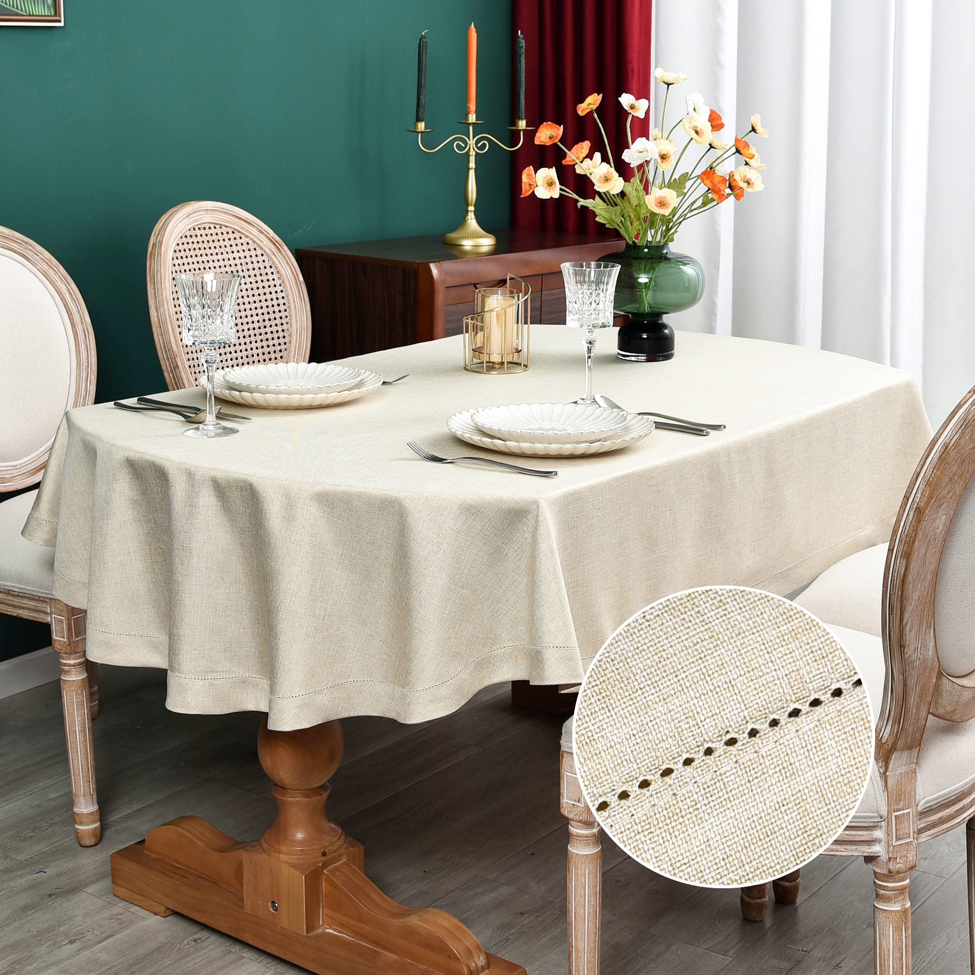 Newisher Farmhouse Oval Hemstitch Border Tablecloth Neutral Faux Linen Table Cloth Rustic Solid Beige Table Cover For Dining Kit