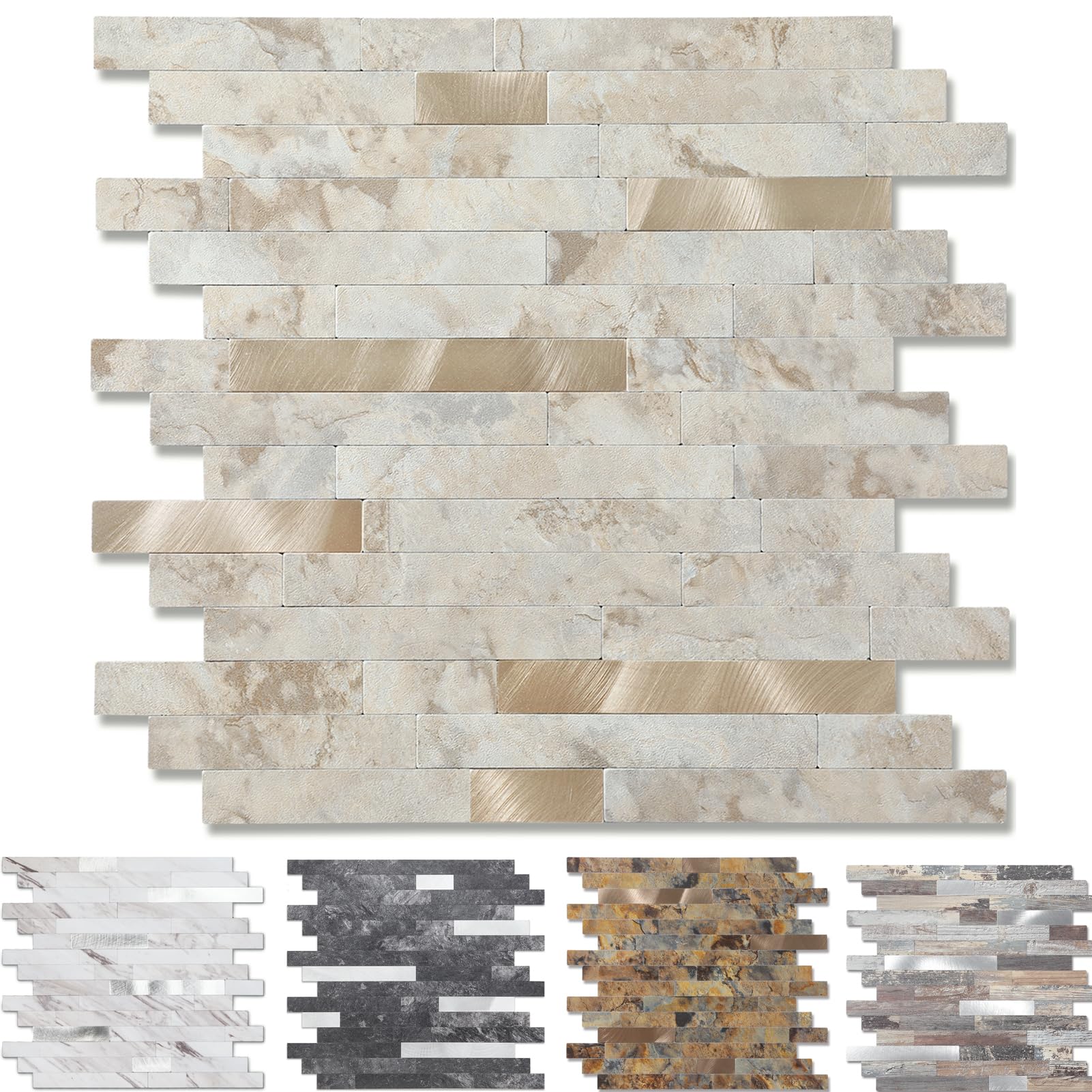 Yipscazo 10 Sheets Peel and Stick Stone Metal Tile Backsplash, Stick on Tiles for Backsplash Kitchen, Bathroom, Laundry Room, Ca