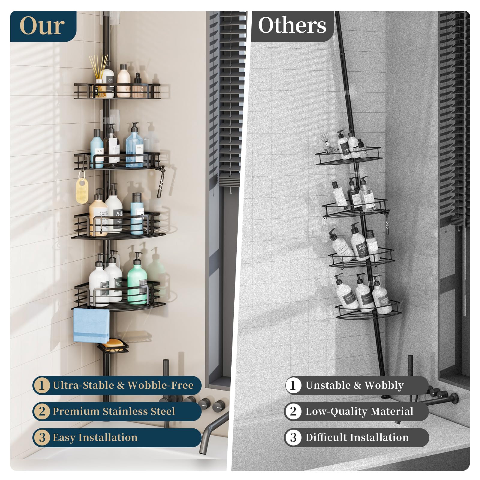 Consumest Corner Shower Caddy Organizer - Rustproof Shower Organizer Corner Tension Pole With Towel Bar & Soap Holder, Adjustabl