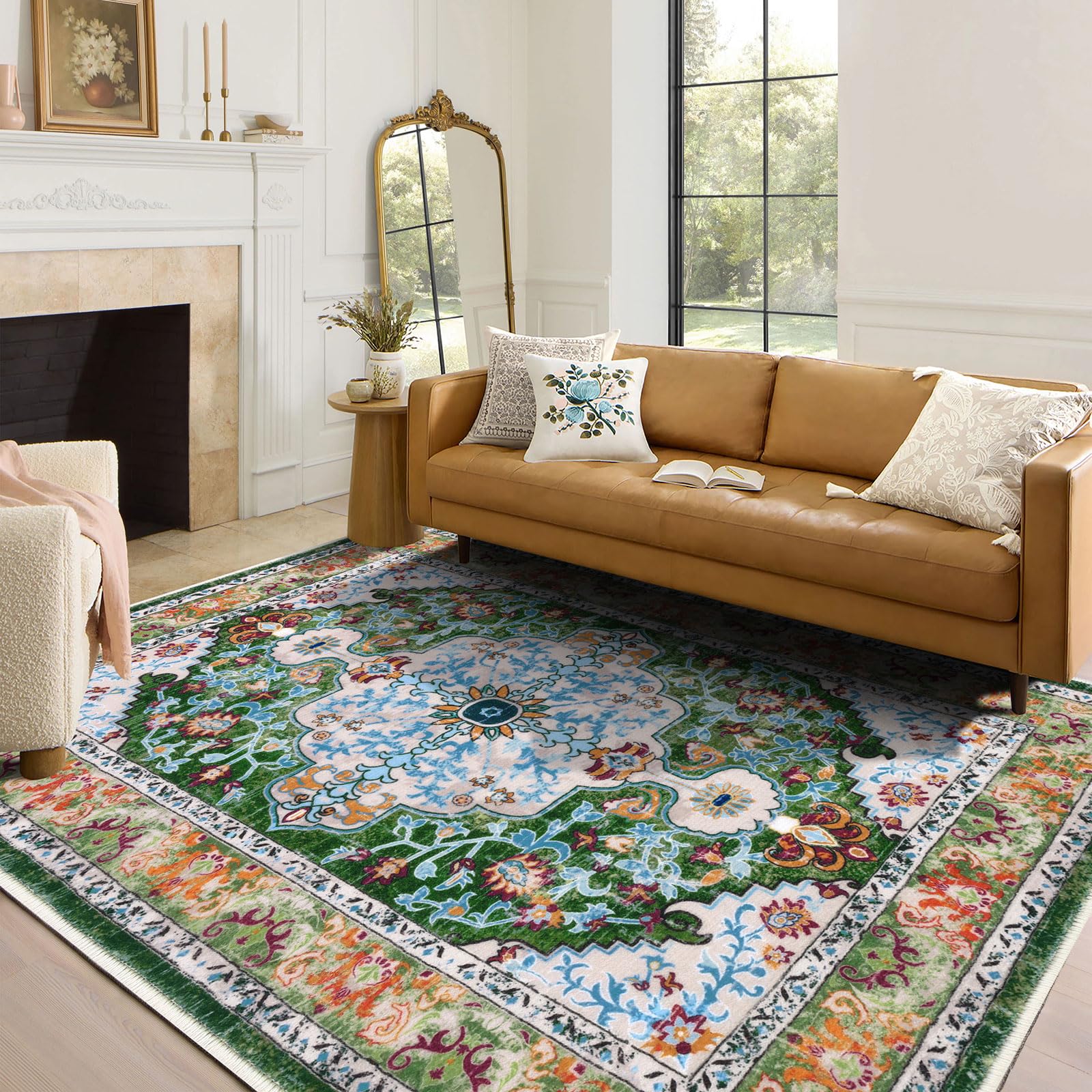 UArtlines Boho Vintage Area Rug 9x12 Machine Washable Low Pile Soft Floor Carpet Non Slip Non Shedding Accent Rug for Living Ro