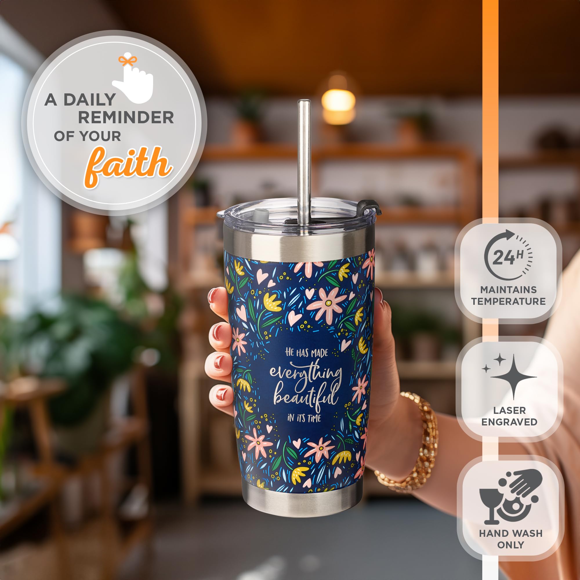 Christian Art Gifts Stainless Steel Double-Wall Vacuum Insulated Tumbler W/Straw & Lid 18 Oz Navy Floral Inspirational Bible Ver