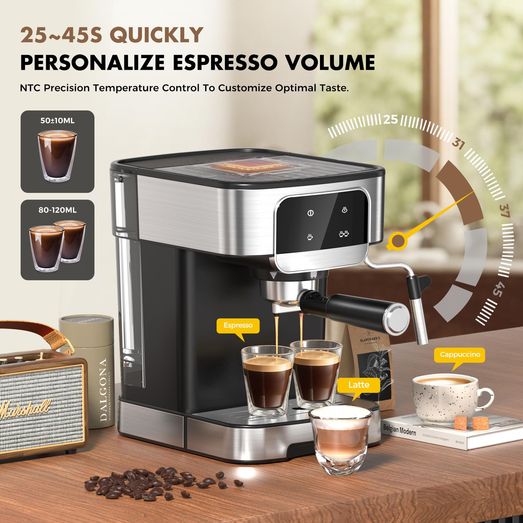 Lertin Espresso Machine 20 Bar, Professional Espresso Maker With Auto Milk Frother, Home Compact Espresso Coffee Machine With Le