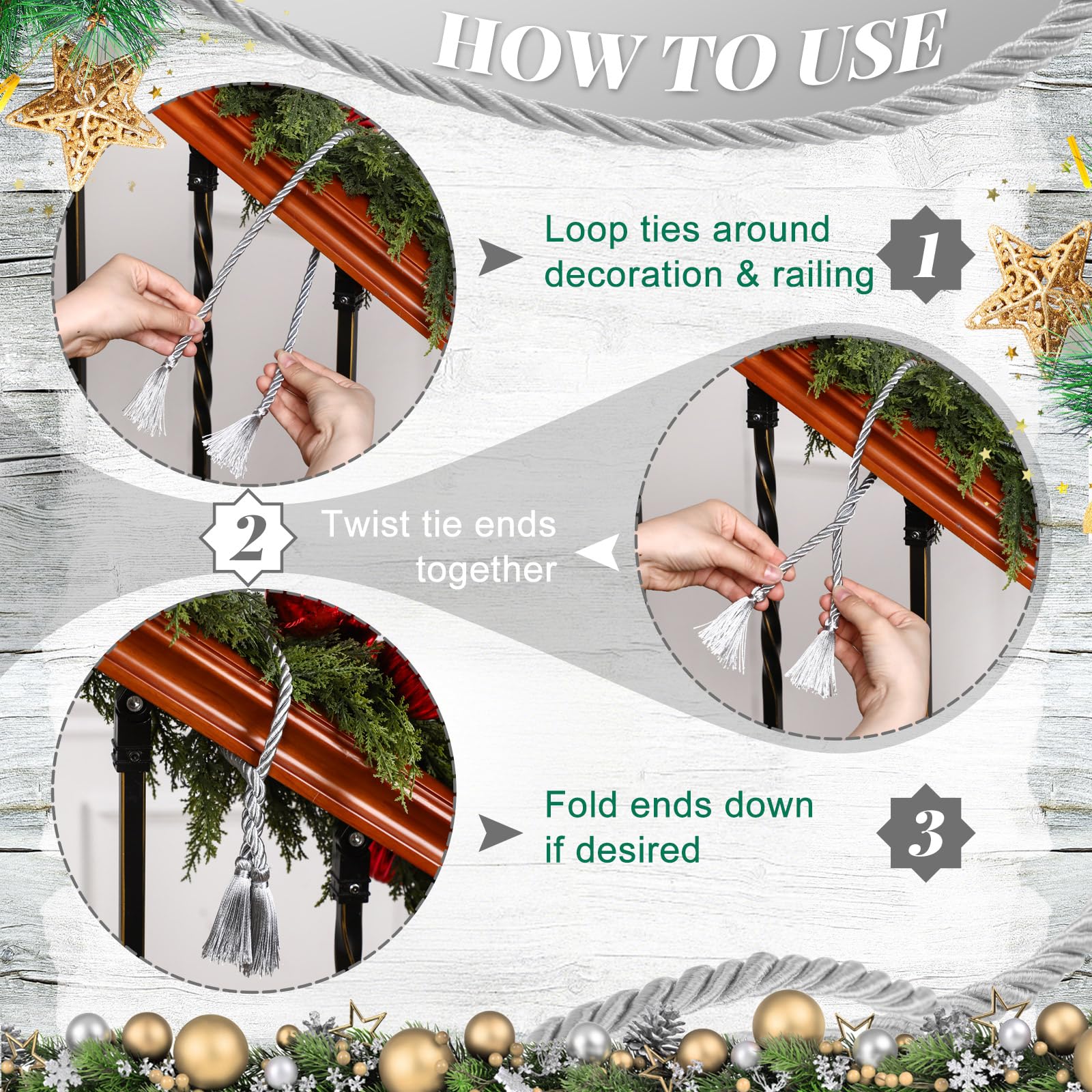 Dingion 20 Pcs Christmas Garland Decorative Banister Ties with Tassel 25.2 Inches Christmas Reusable Twist Ties for Garland Fire