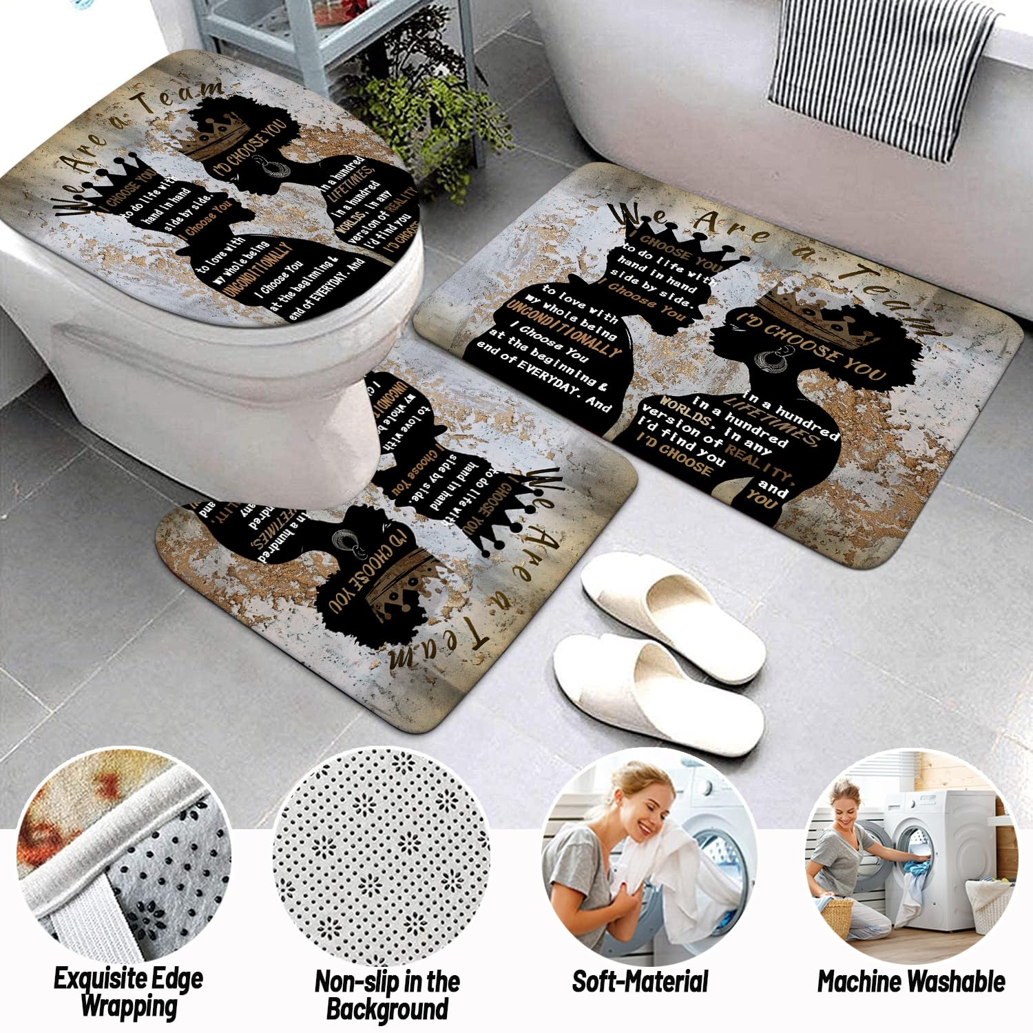 Omebero 4 Pcs Shower Curtain Set With Rugs Toilet Lid Cover Bath Mat, Romantic Black Man Women Couples Bathroom Sets With Shower