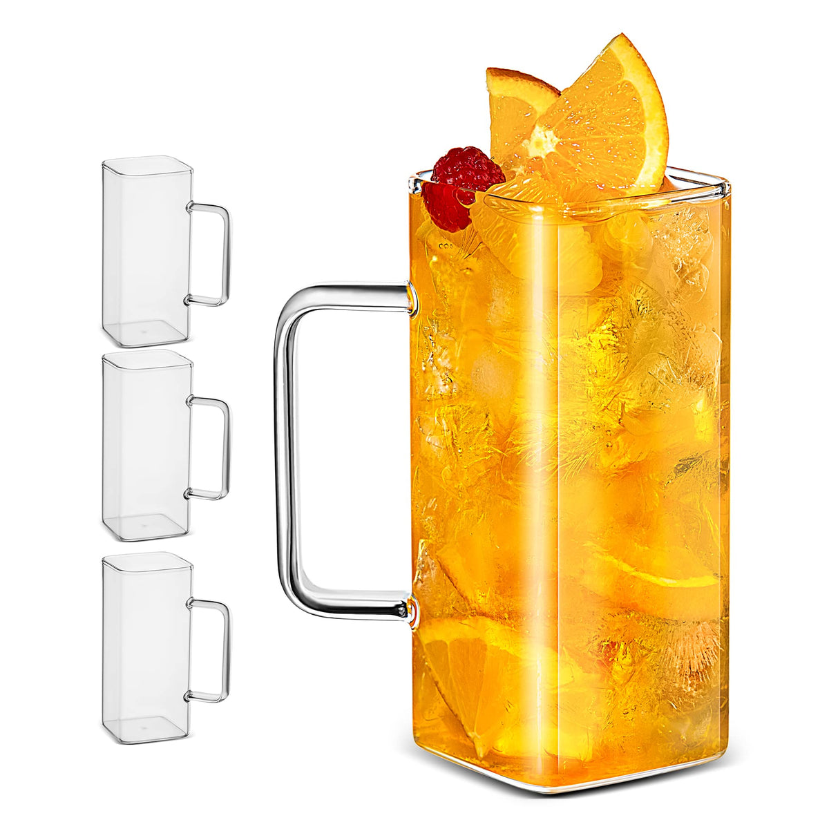 Luxu Drinking Glasses 13 Oz With Handle,Set Of 4 Thin Square Glasses,Elegant Bar Glassware For Water,Juice,Beer, Drinks,And Cock