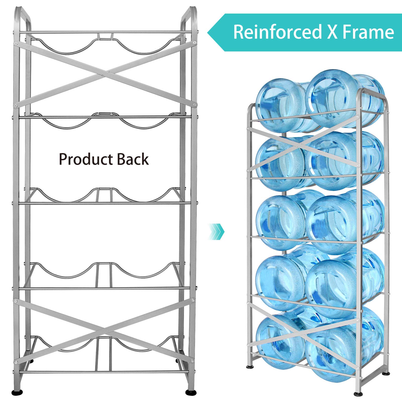 Ationgle 5 Gallon Water Bottle Holder For 10 Bottles, 5 Tiers Heavy-Duty Water Cooler Jug Rack With Reinforcement Frame For Kitc