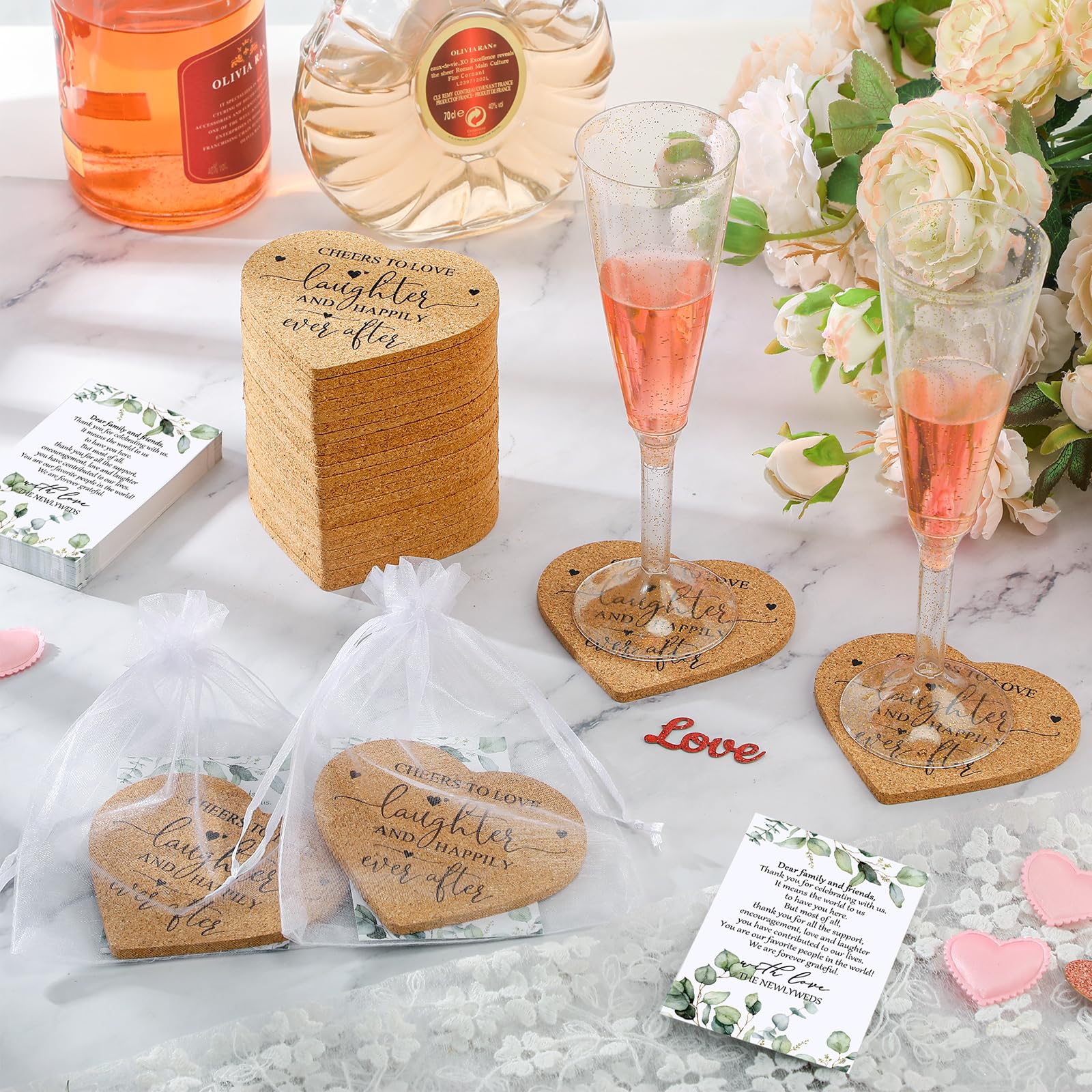 Uiifan 50 Set Wedding Favors For Guest Coaster Gifts Bulk Heart Shaped Coasters Thank You Cards Organza Bags Guest Souvenirs For