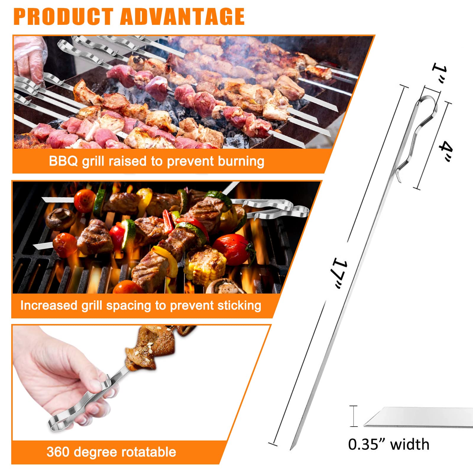 Barbecue Skewer, Bearmoo 17    Stainless Steel Shish Kabob Skewers - 0.35    Width Flat Bbq Metal Skewers For Grilling (Set Of 6