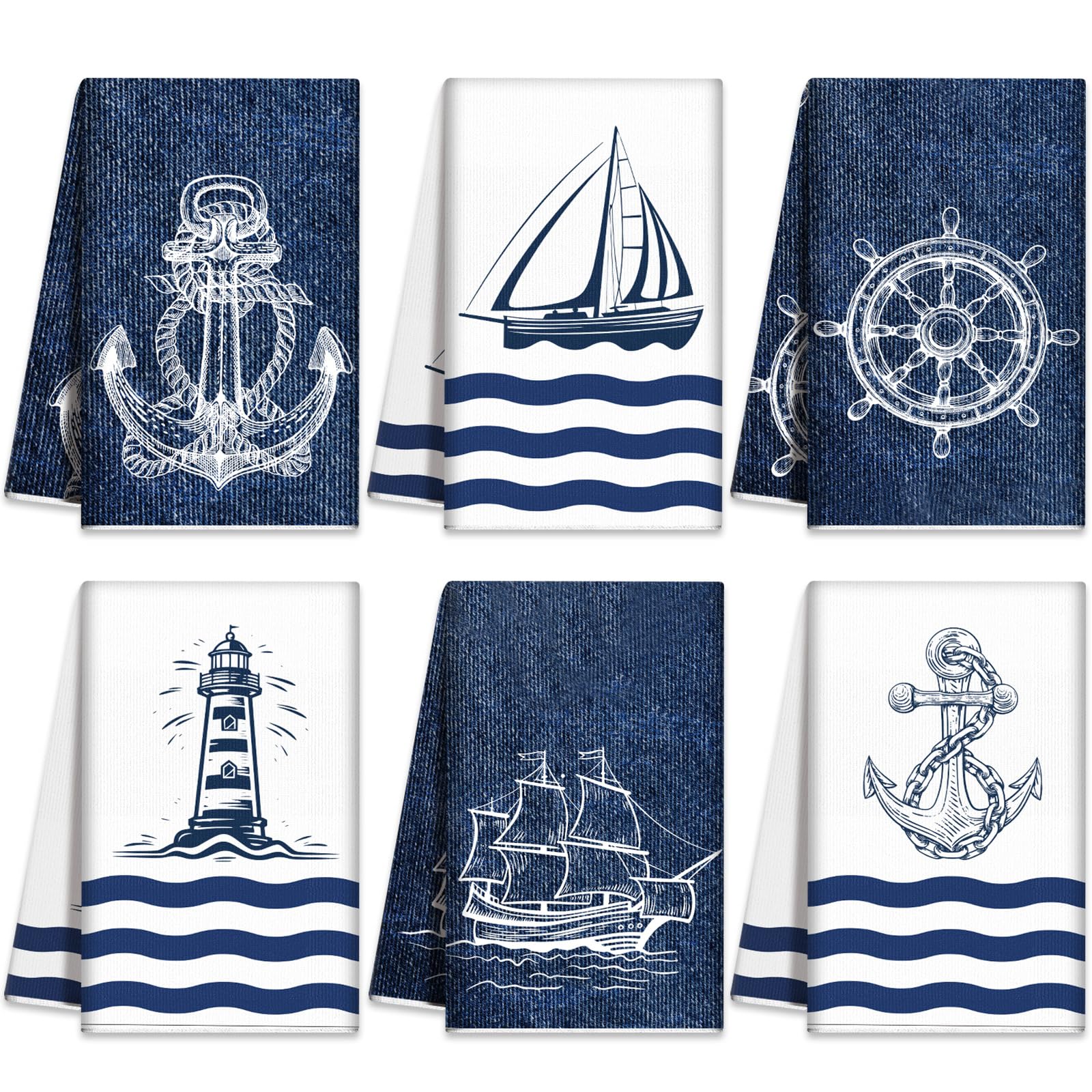 Bencailor 6 Pcs Sea Theme Kitchen Towels Set Beach Ocean Animal Hand Dish Towels Absorbent Soft Nautical Dishcloths for Spring S