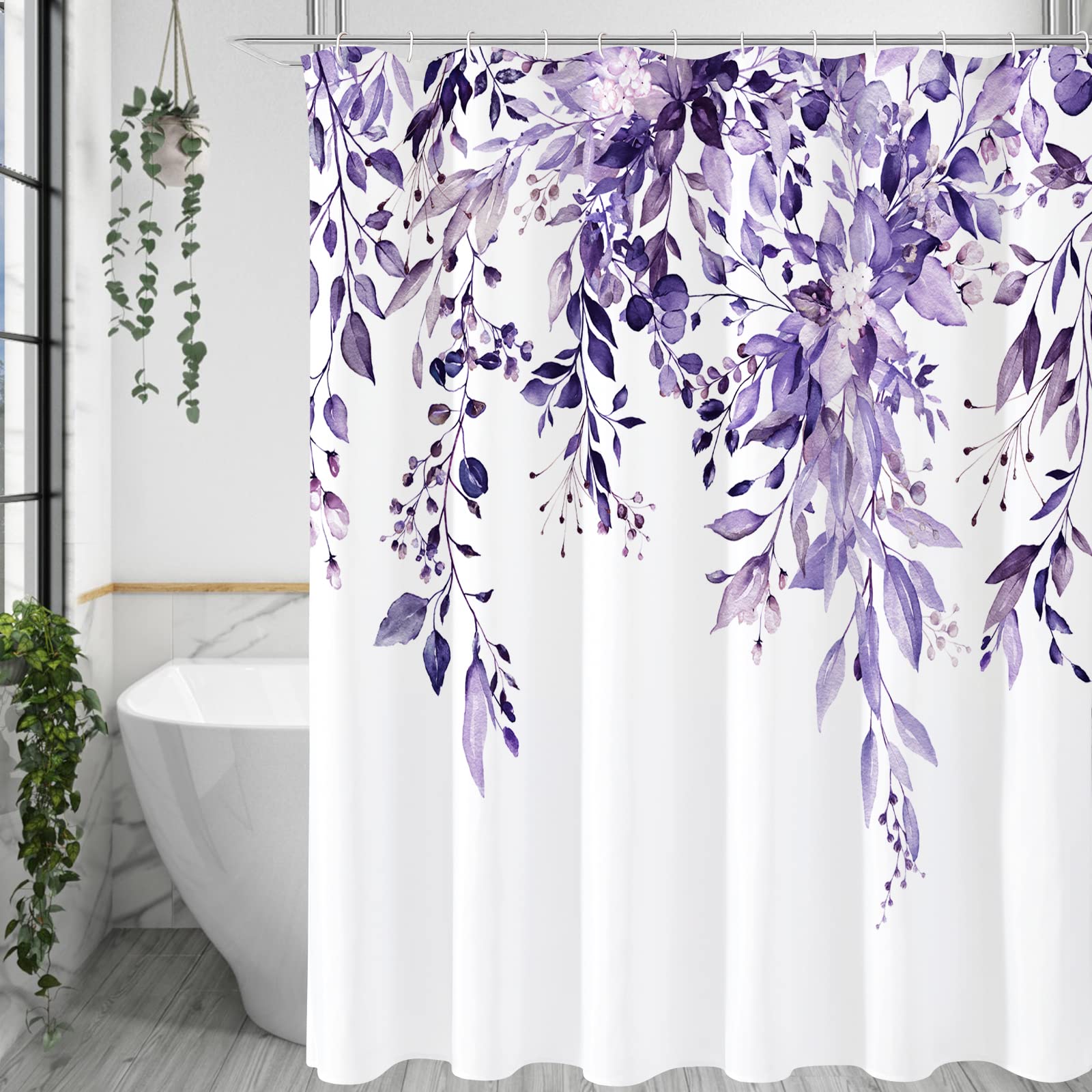 Gibelle Purple Eucalyptus Shower Curtain, Watercolor Plant Leaves With Floral Bathroom Shower Curtain Set With Hooks, 72X72