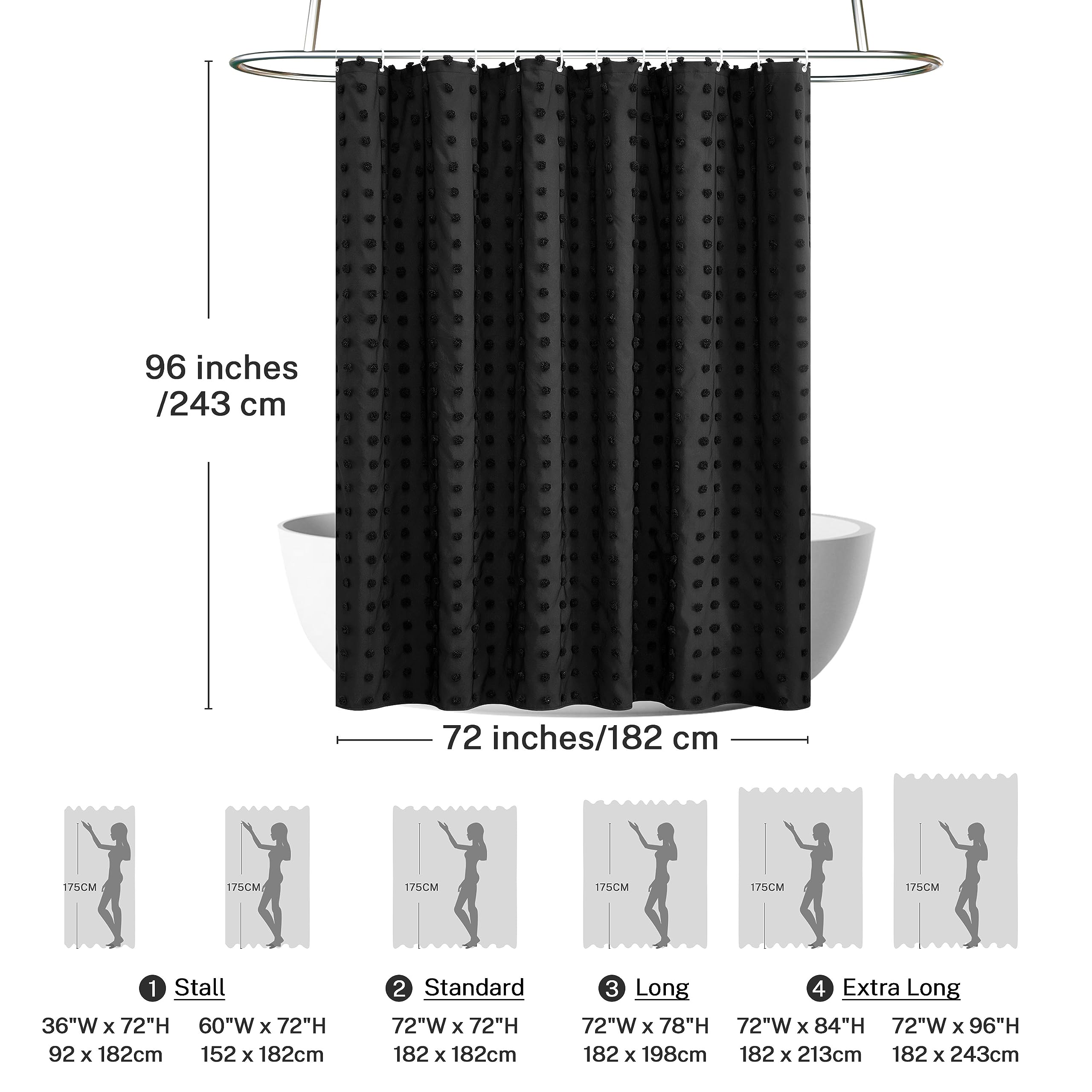 Siiluminisoy Extra Long Black Boho Shower Curtain Woven Fabric Cute Shower Curtain, 72 X 96 Tufted Pleat Floral Textured Modern
