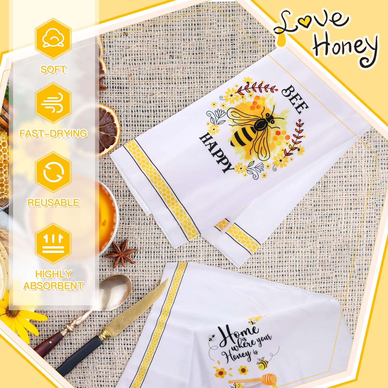 Minatee 7 Pcs Bee Kitchen Decor Set, Including 2 Pcs Bee Kitchen Towels And 5 Pcs Cute Bee Wooden Spoons Rustic Bamboo Utensils
