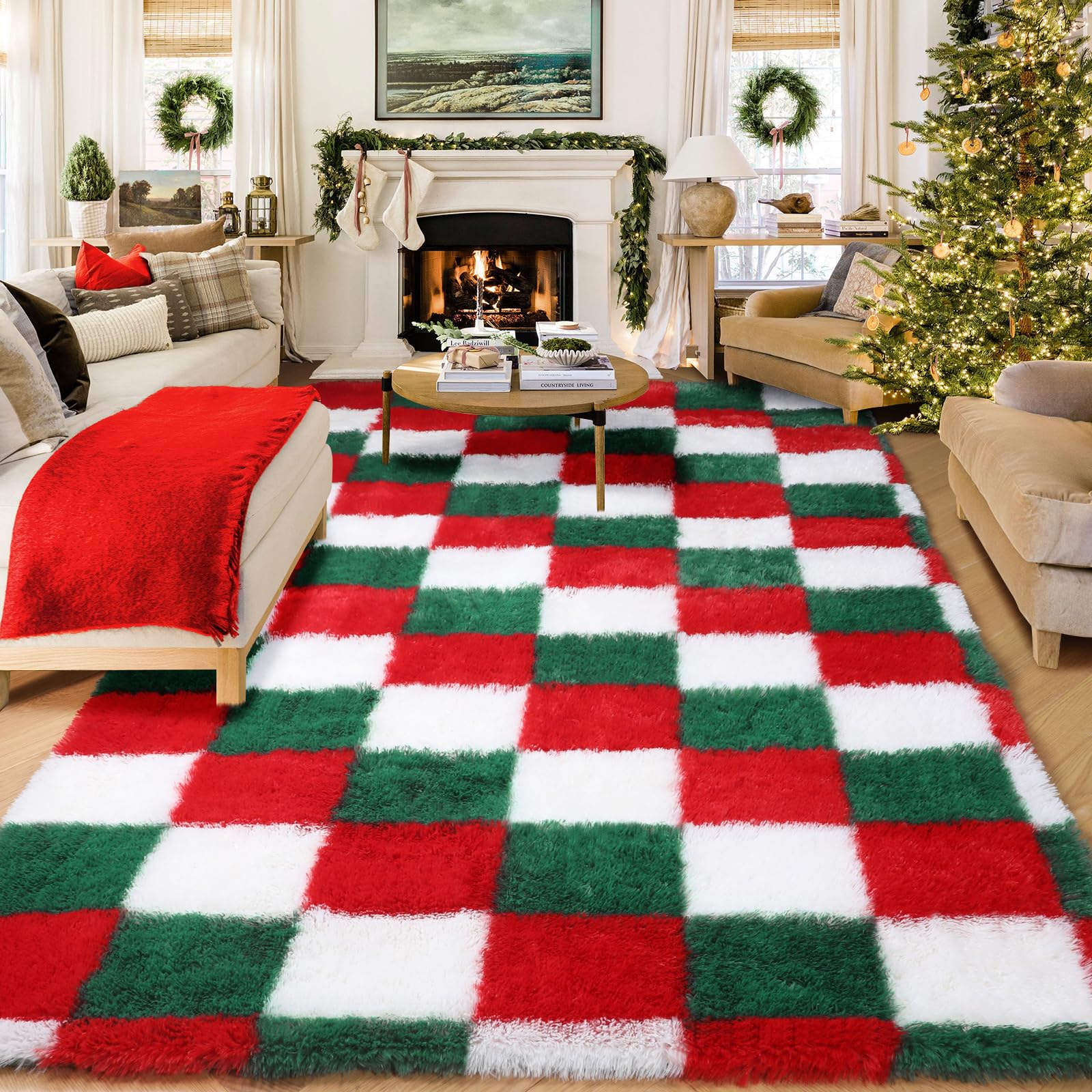 KICMOR Christmas Rug for Living Room, Fluffy Soft 5x8 Area Rug Red Green White Checkered Shag Shaggy Fuzzy Bedroom Carpet, Indoo