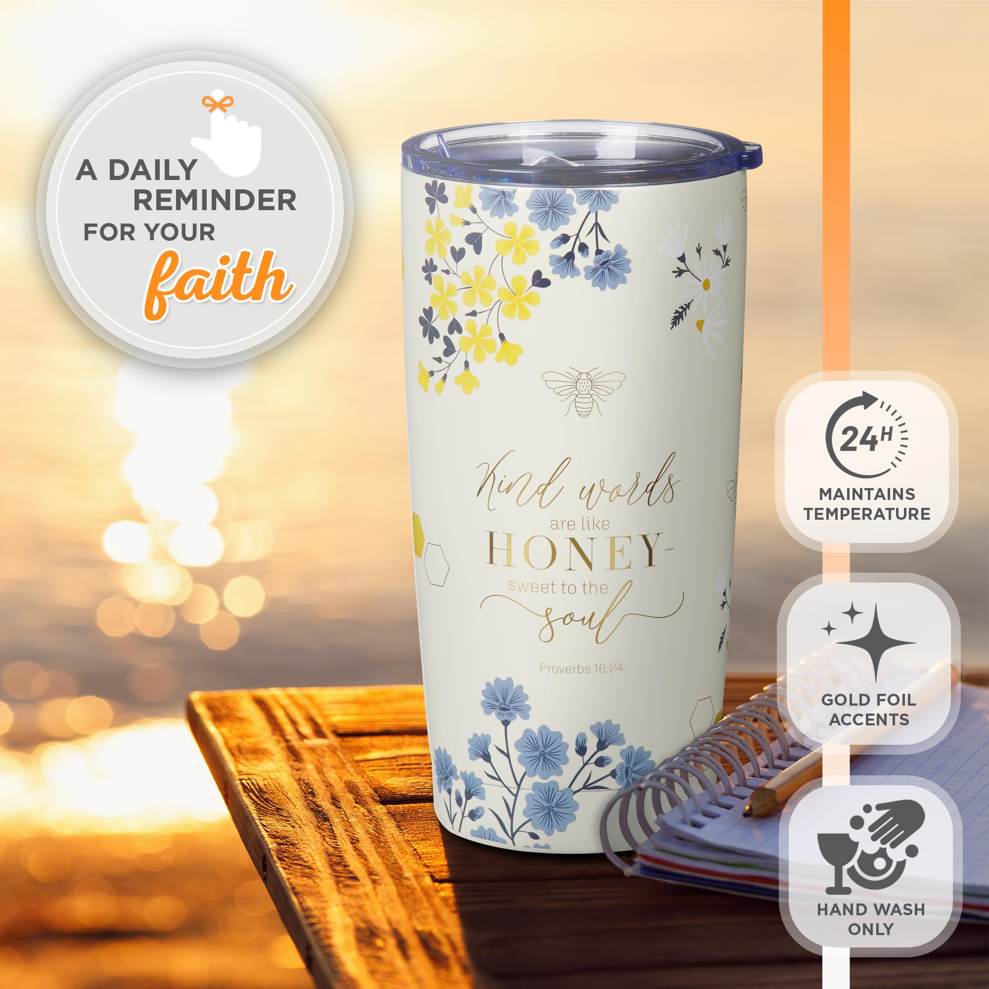 Christian Art Gifts Stainless Steel Scripture Tumbler Travel Mug For Women: Kind Words Bible Verse, Cute Bumble Bee, Double-Wall