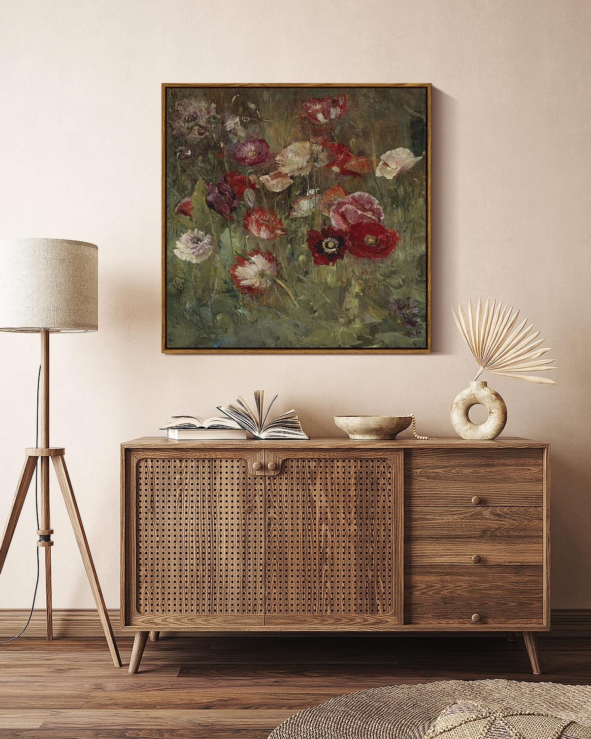 Insimsea Square Framed Canvas Wall Art, Large Decor A Bed Of Poppies Paintings, Classical Floral Wall Pictures For Bedroom Bathr