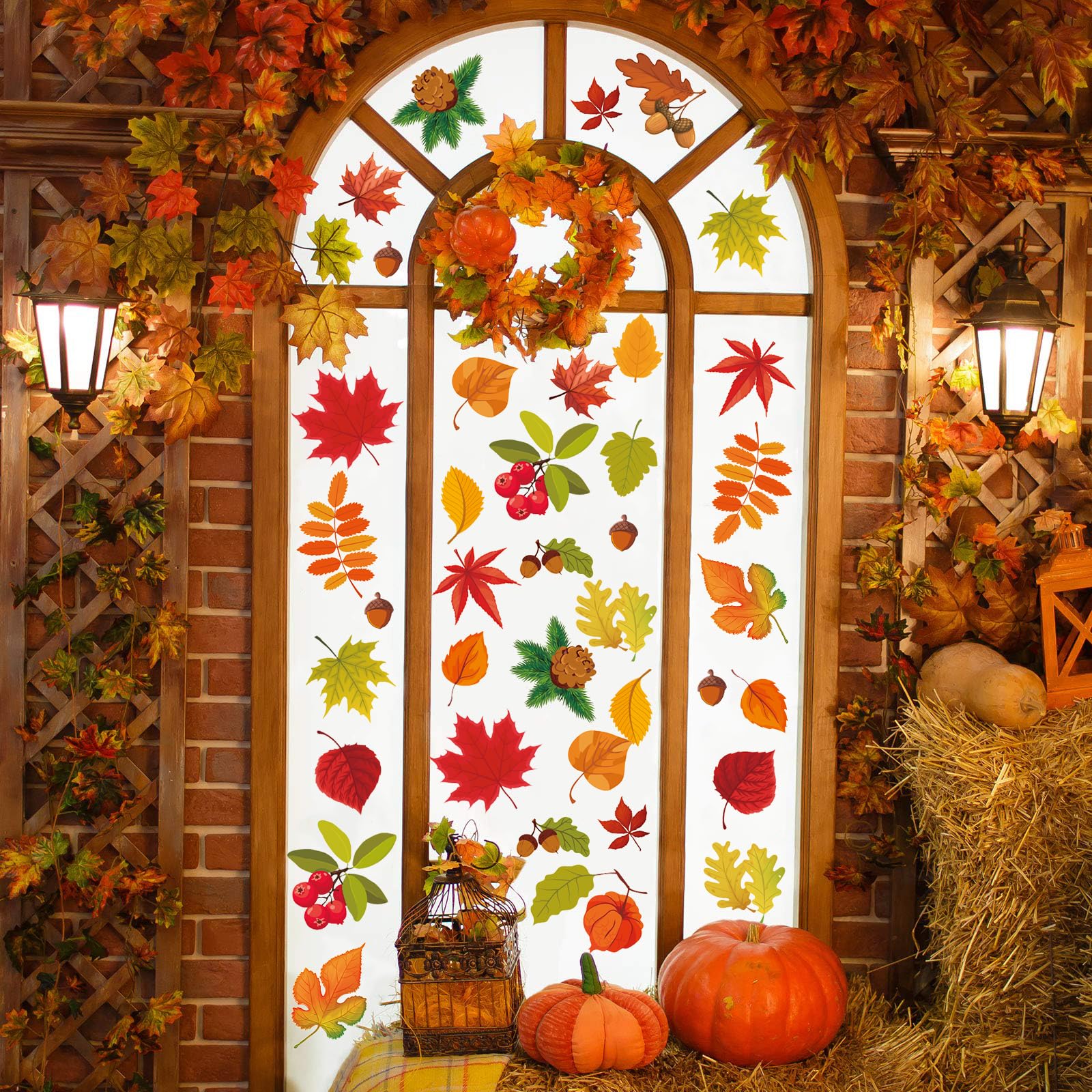 Fall Window Clings - 6 Sheets Autumn Maple Leaf Window Clings for Glass Windows Thanksgiving Windows Decals Stickers for Home Of