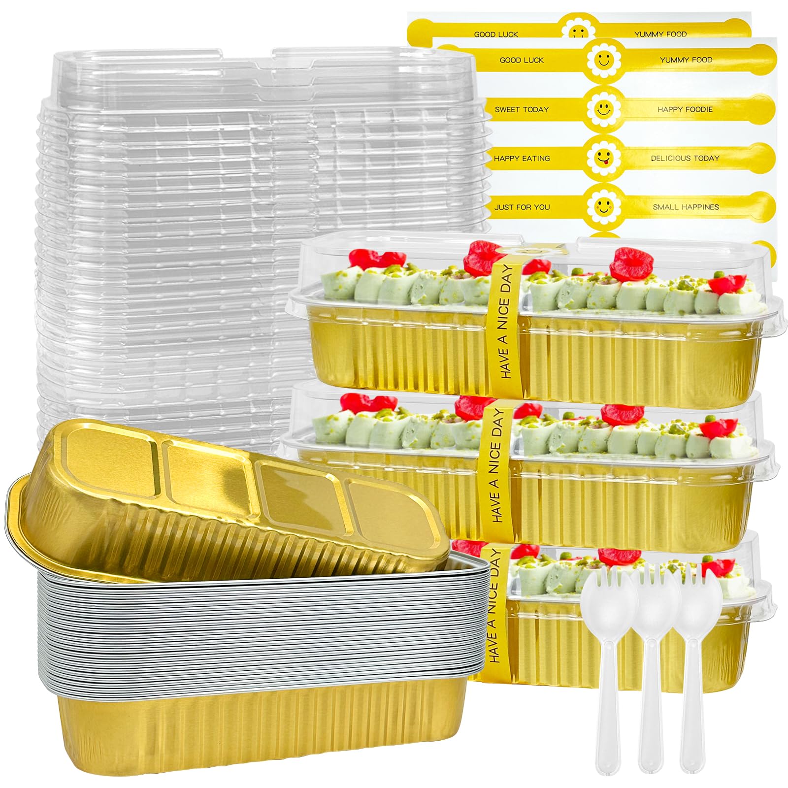 ylnurac 200Pack Gold Mini Cake Pans Disposable Mini Loaf Pans with Lids and Spoons and Stickers, 6.8Oz Aluminum Foil Pans Tins, 