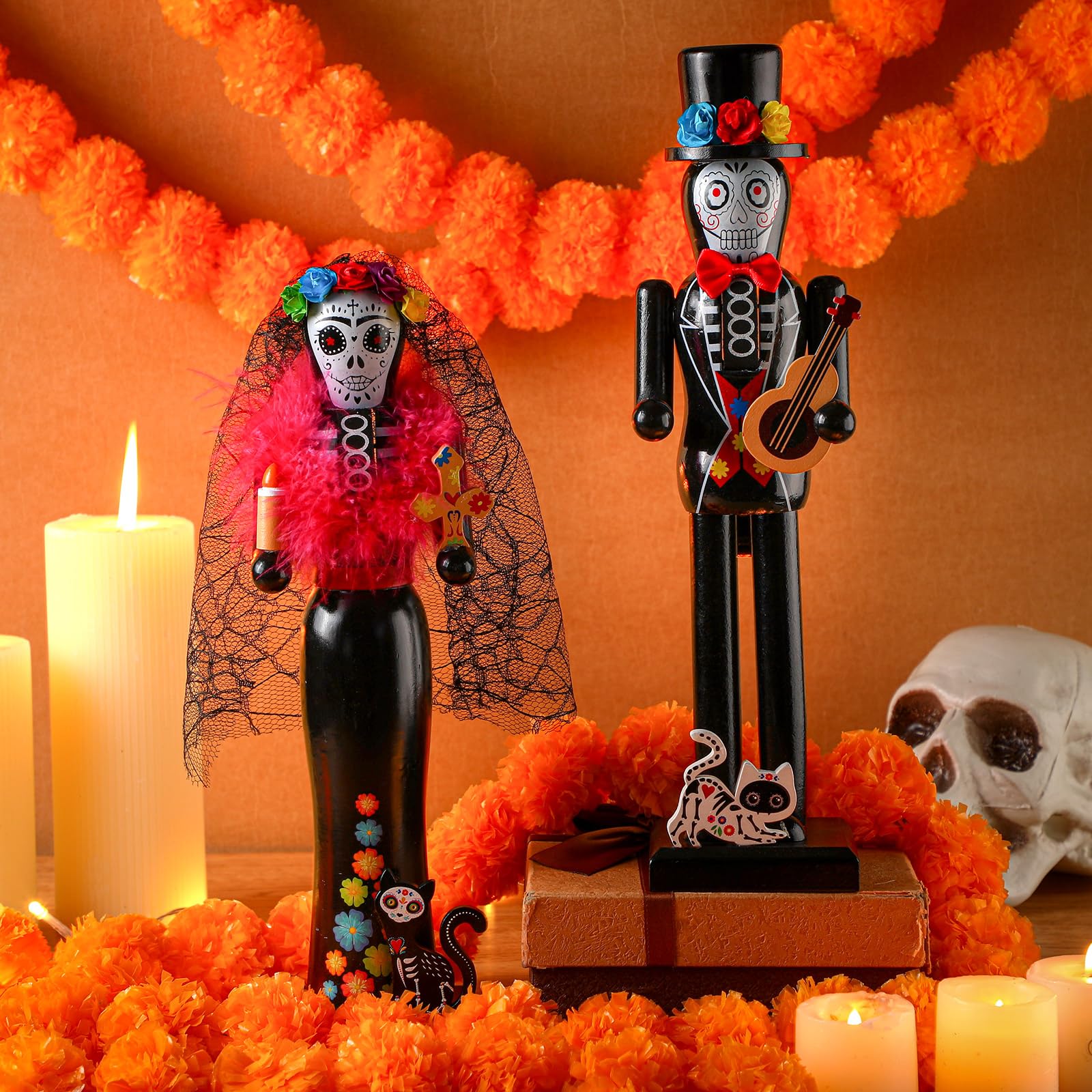 RattanView 2 Pcs Halloween Nutcracker 14 Inch Wooden Witch Black Cat Nutcracker Figures Party Decor for Halloween Holiday Tables