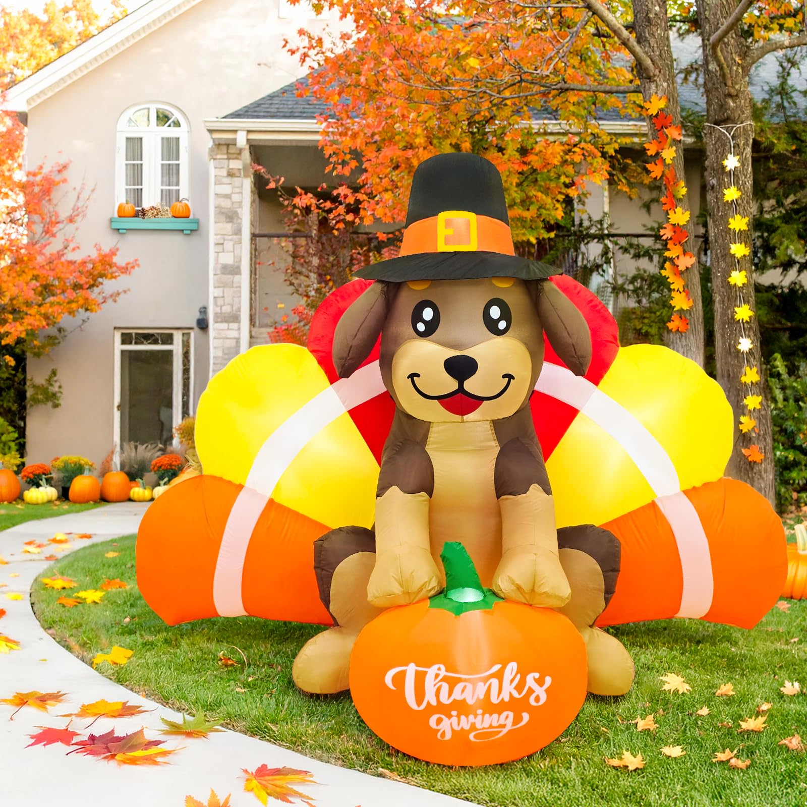 Fayavoo 5FT Happy Thanksgiving Inflatables Outdoor Decorations, Inflatable Turkey Dog with LED Lights, Blow Up Turkey for Fall I