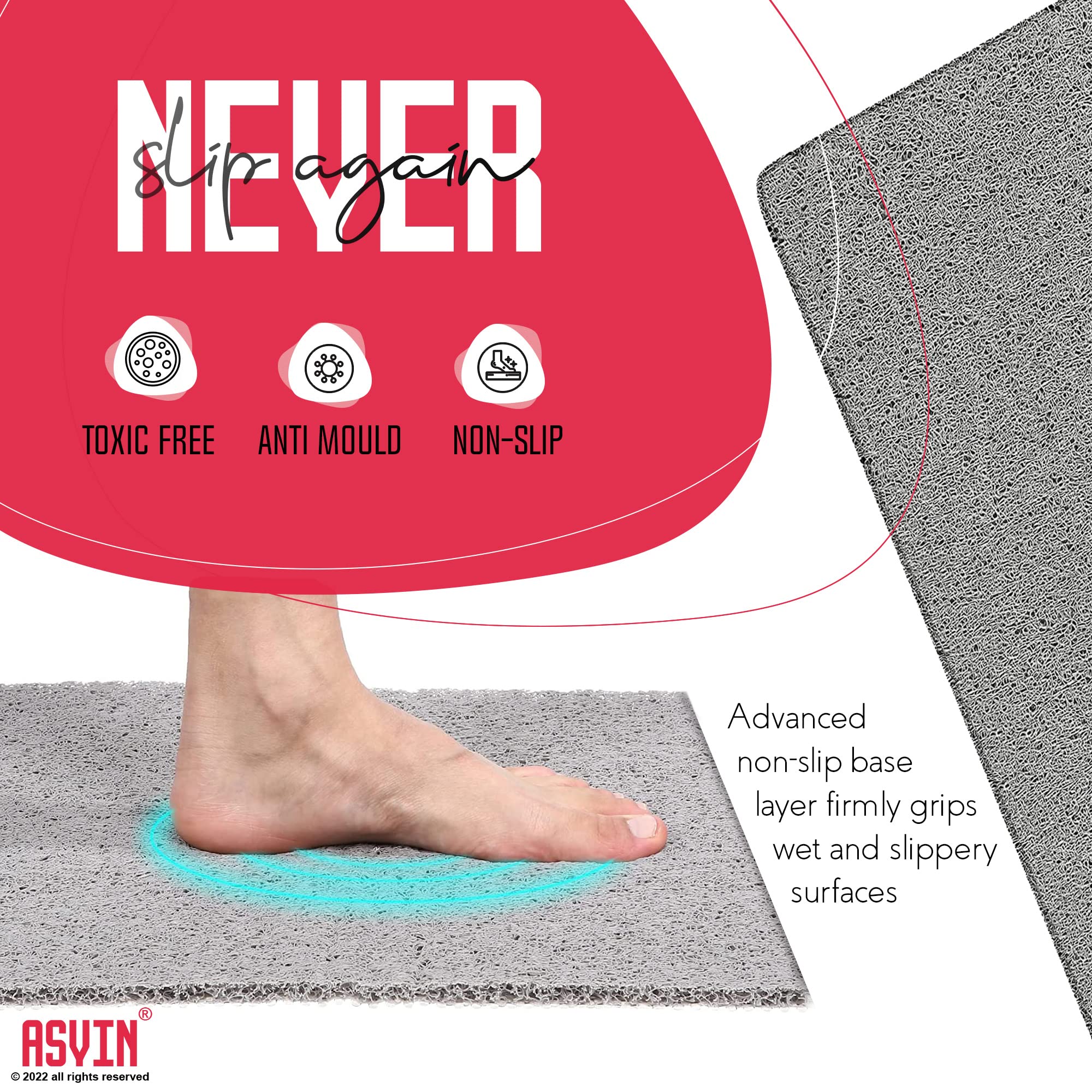 Asvin Soft Textured Shower Mat Non Slip Anti Mould For Inside Shower & Bath (24''X16'' Inch) Phthalate Free Rubber Loofah Bathro
