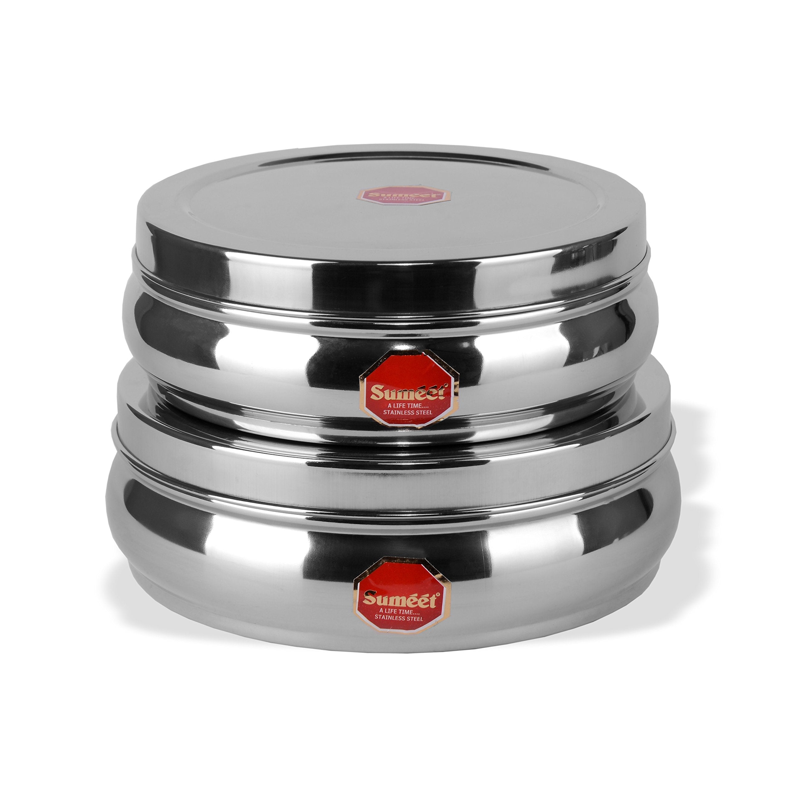 Sumeet Stainless Steel Belly Shape Flat Canisterspuri Dabbastorage Containers Set Of 2Pcs (No. 10 & No.11) (17.1Cm & 18.4Cm Dia)