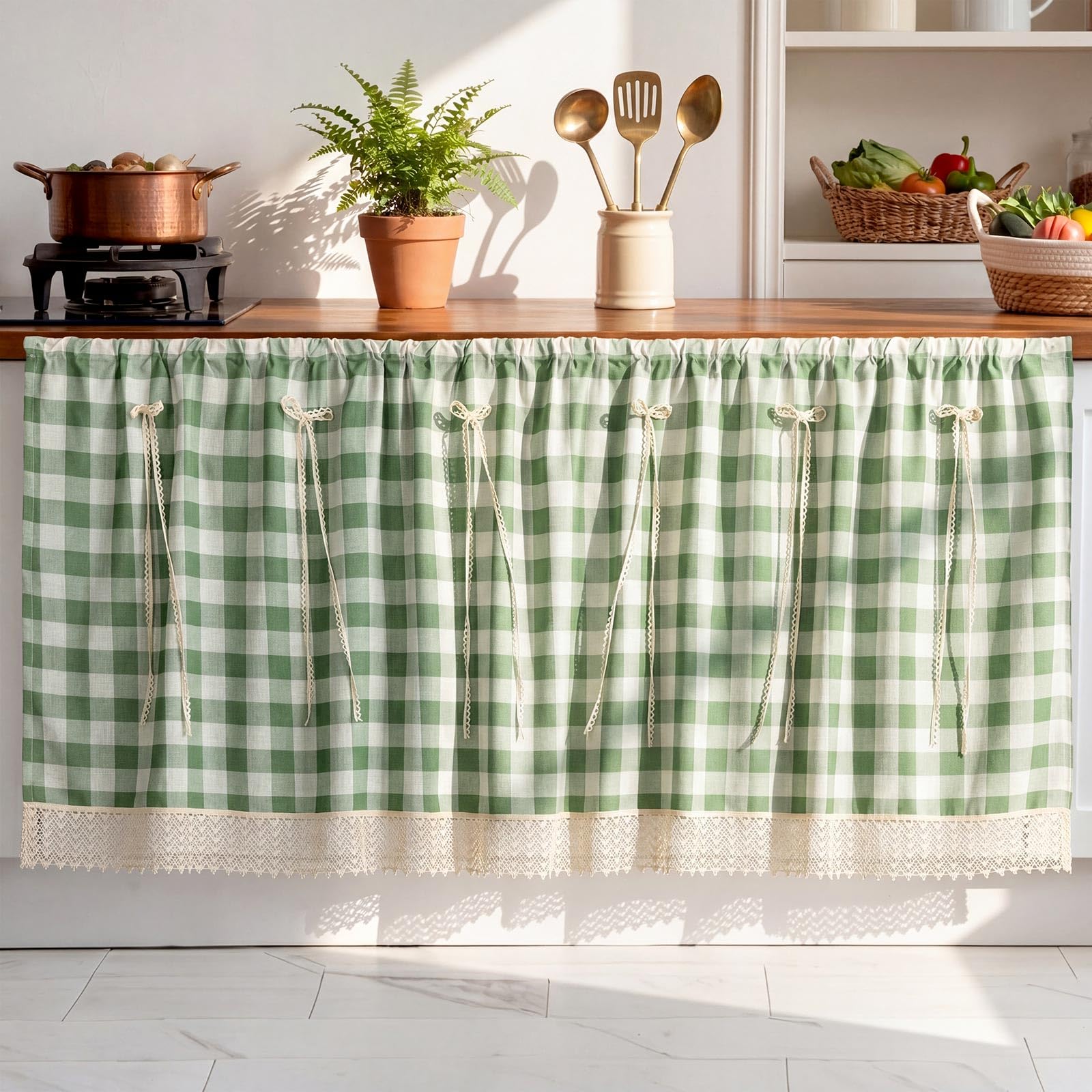 VitalCozy Cabinet Curtain 28 W x 51 L Sink Skirt for Bathroom Kitchen Green Checkered Lace Ruffles Short Curtain for Home Classr